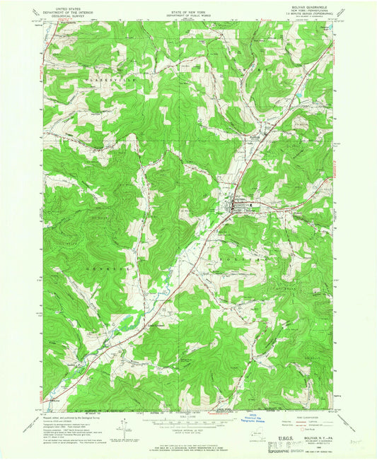 Classic USGS Bolivar New York 7.5'x7.5' Topo Map Image