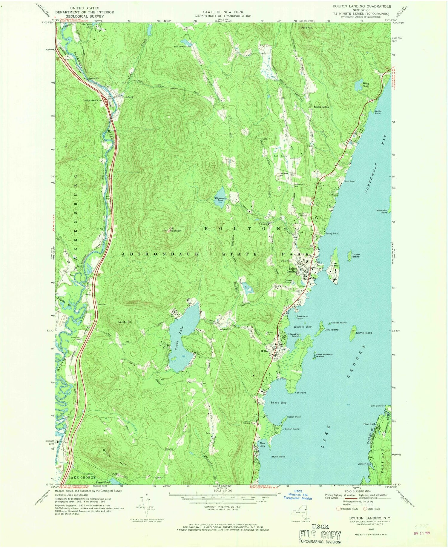 Classic USGS Bolton Landing New York 7.5'x7.5' Topo Map Image