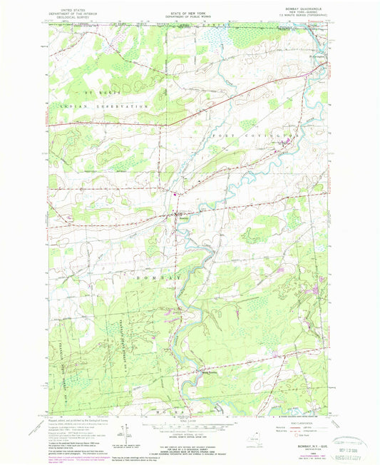 Classic USGS Bombay New York 7.5'x7.5' Topo Map Image