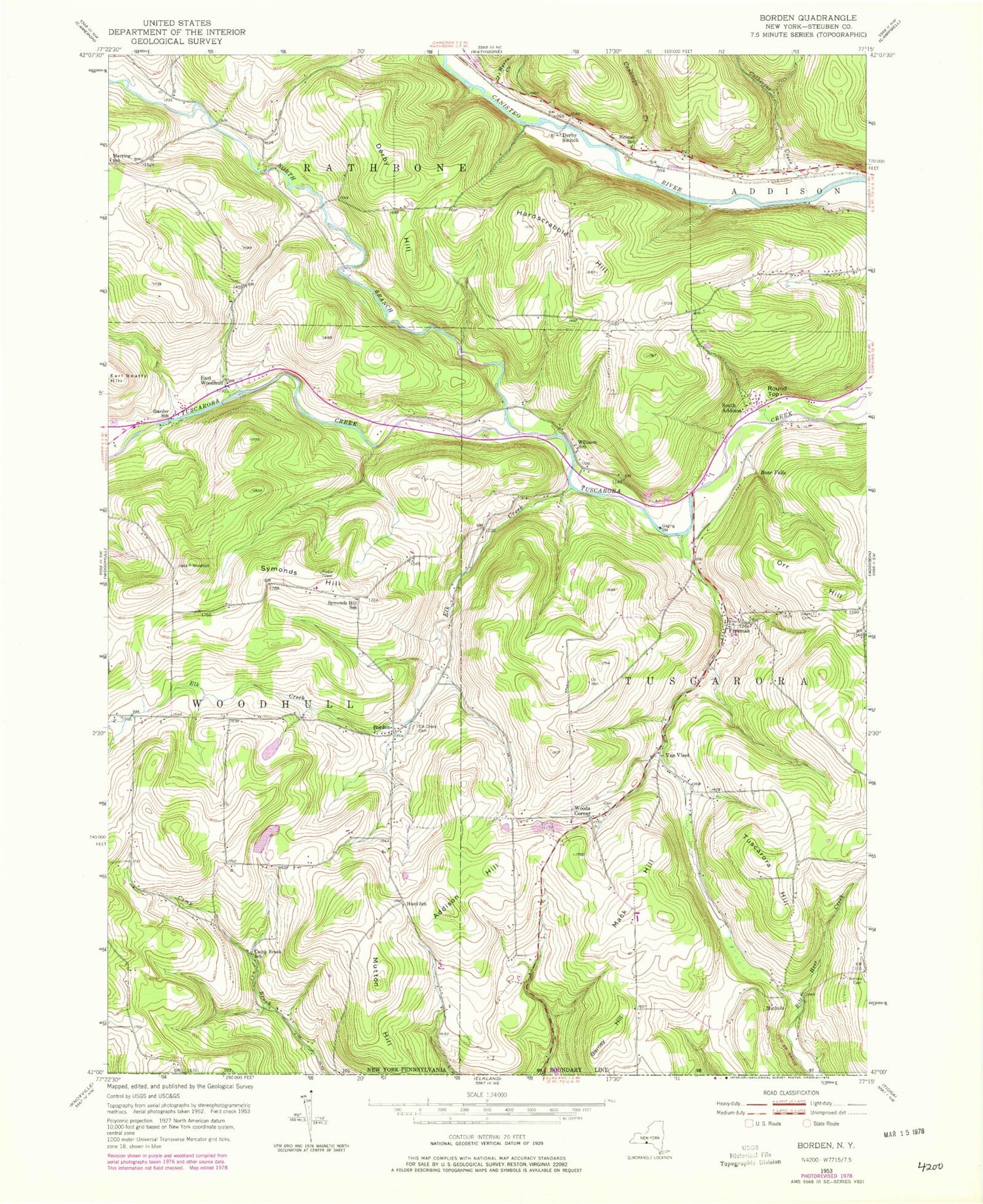 Classic USGS Borden New York 7.5'x7.5' Topo Map Image