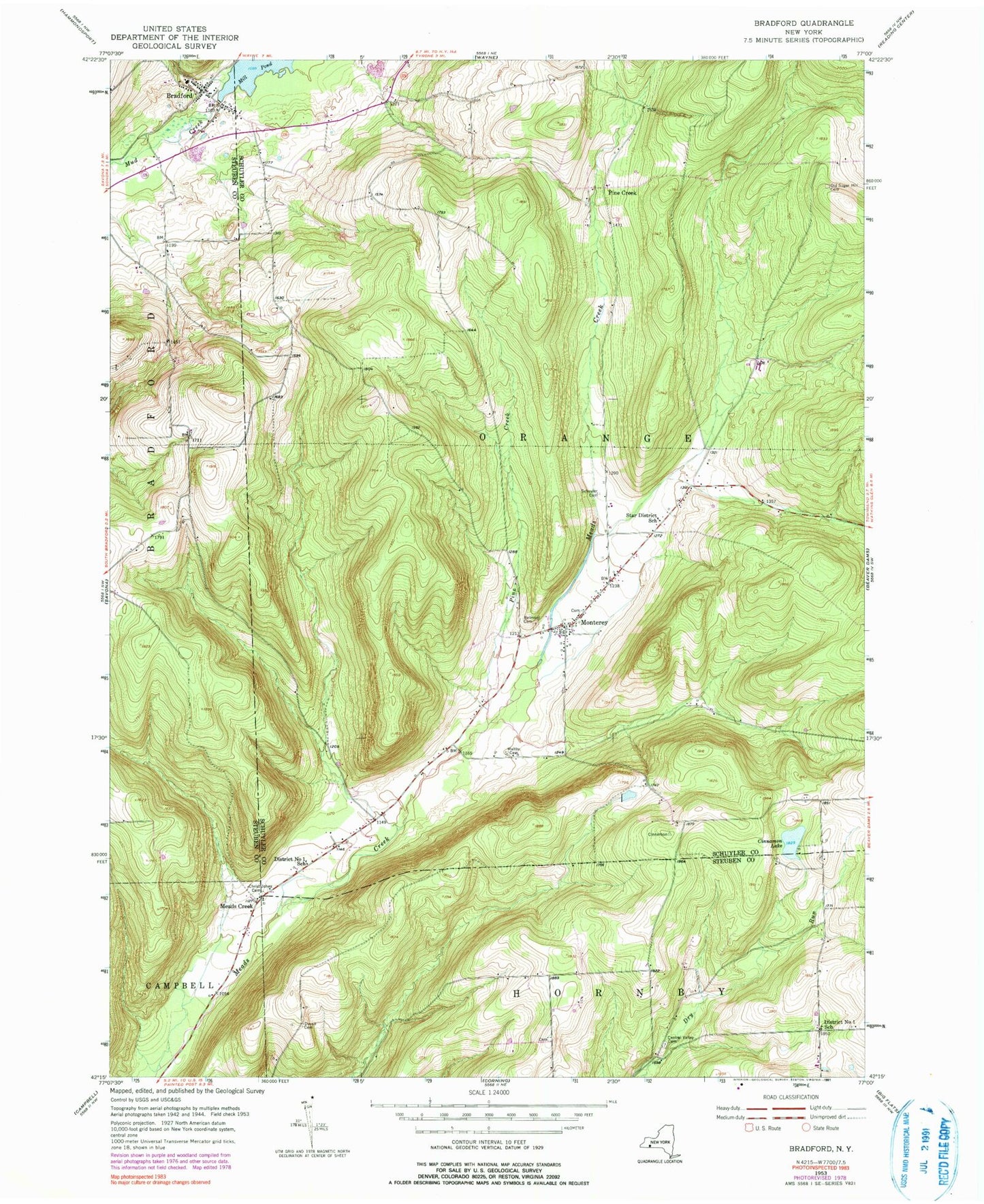 Classic USGS Bradford New York 7.5'x7.5' Topo Map Image
