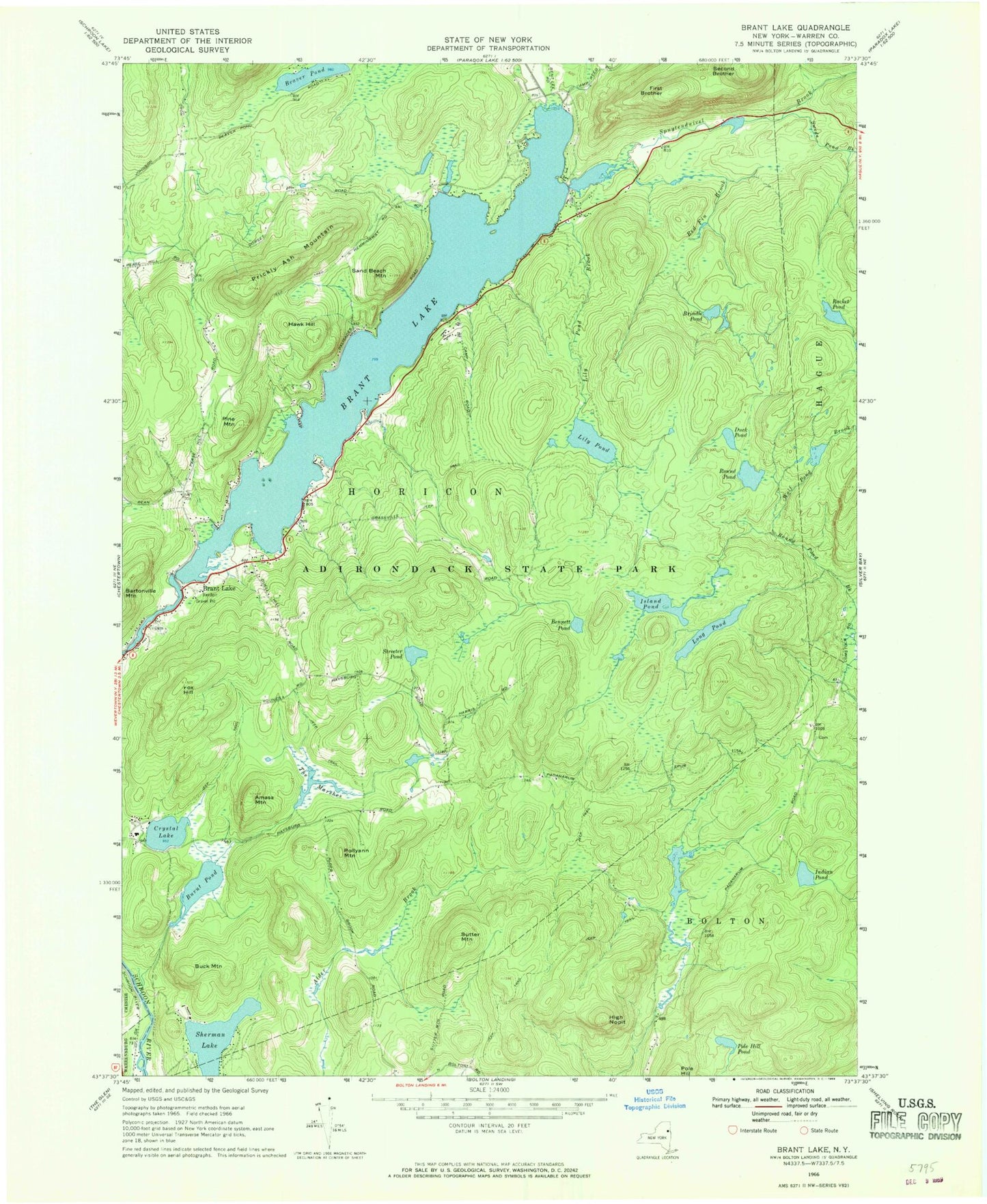 Classic USGS Brant Lake New York 7.5'x7.5' Topo Map Image