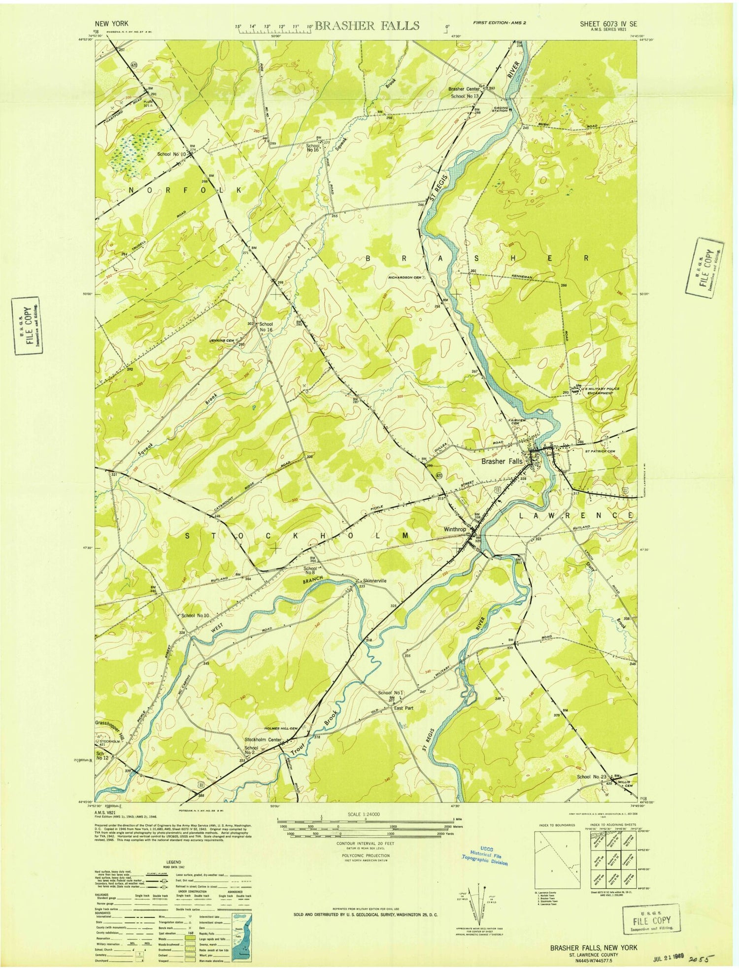 Classic USGS Brasher Falls New York 7.5'x7.5' Topo Map Image
