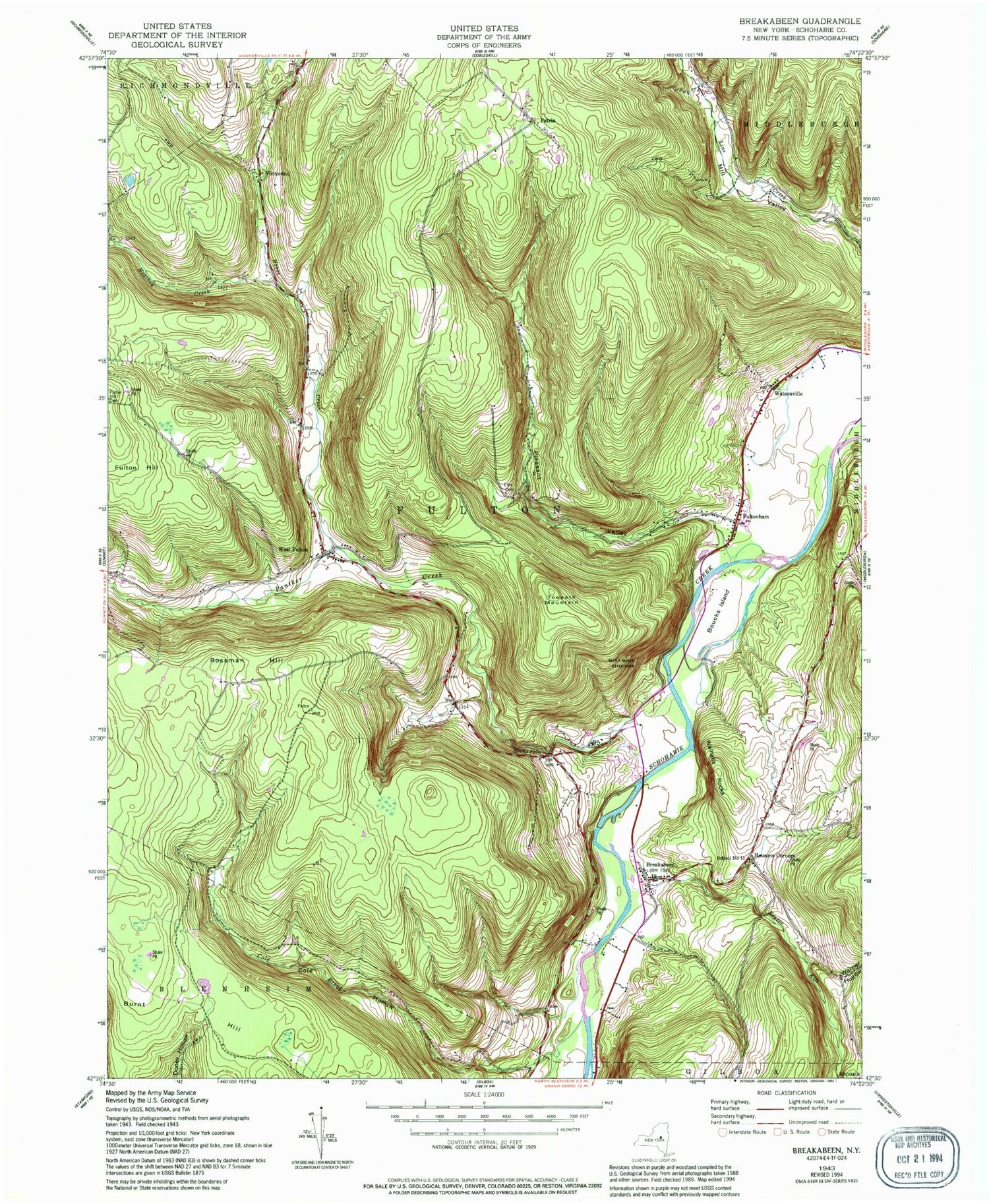 Classic USGS Breakabeen New York 7.5'x7.5' Topo Map Image