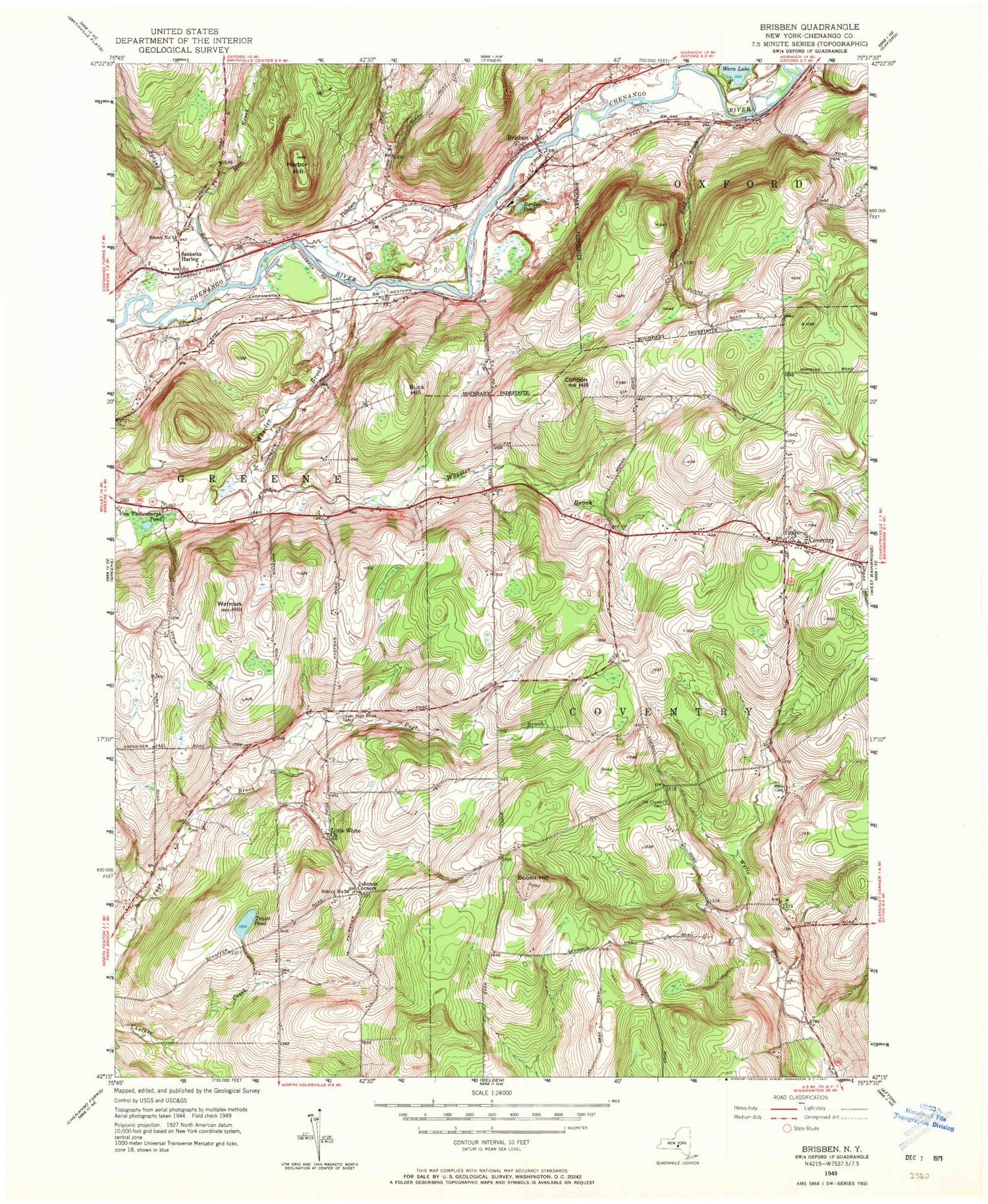 Classic USGS Brisben New York 7.5'x7.5' Topo Map Image