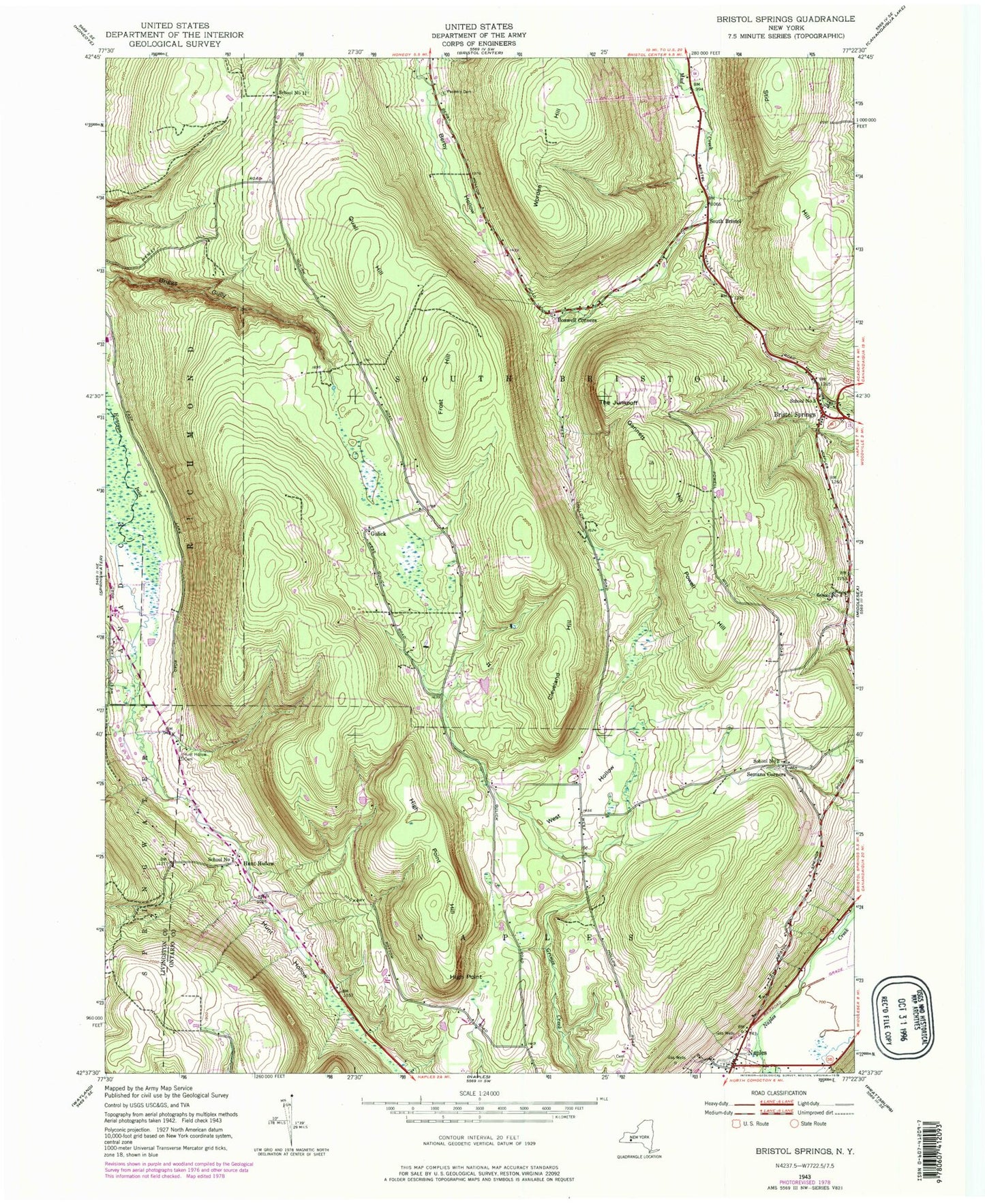 Classic USGS Bristol Springs New York 7.5'x7.5' Topo Map Image
