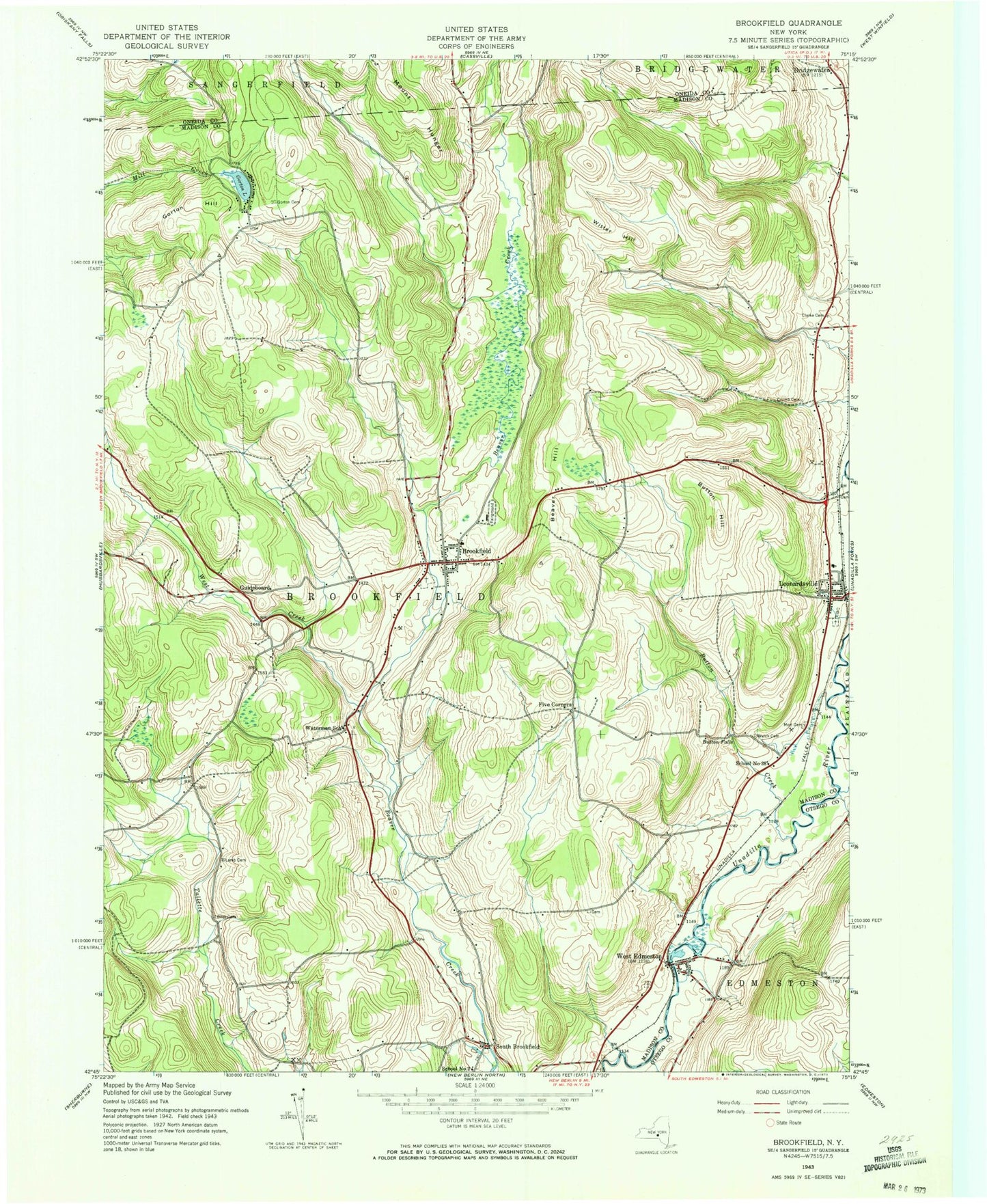 Classic USGS Brookfield New York 7.5'x7.5' Topo Map Image