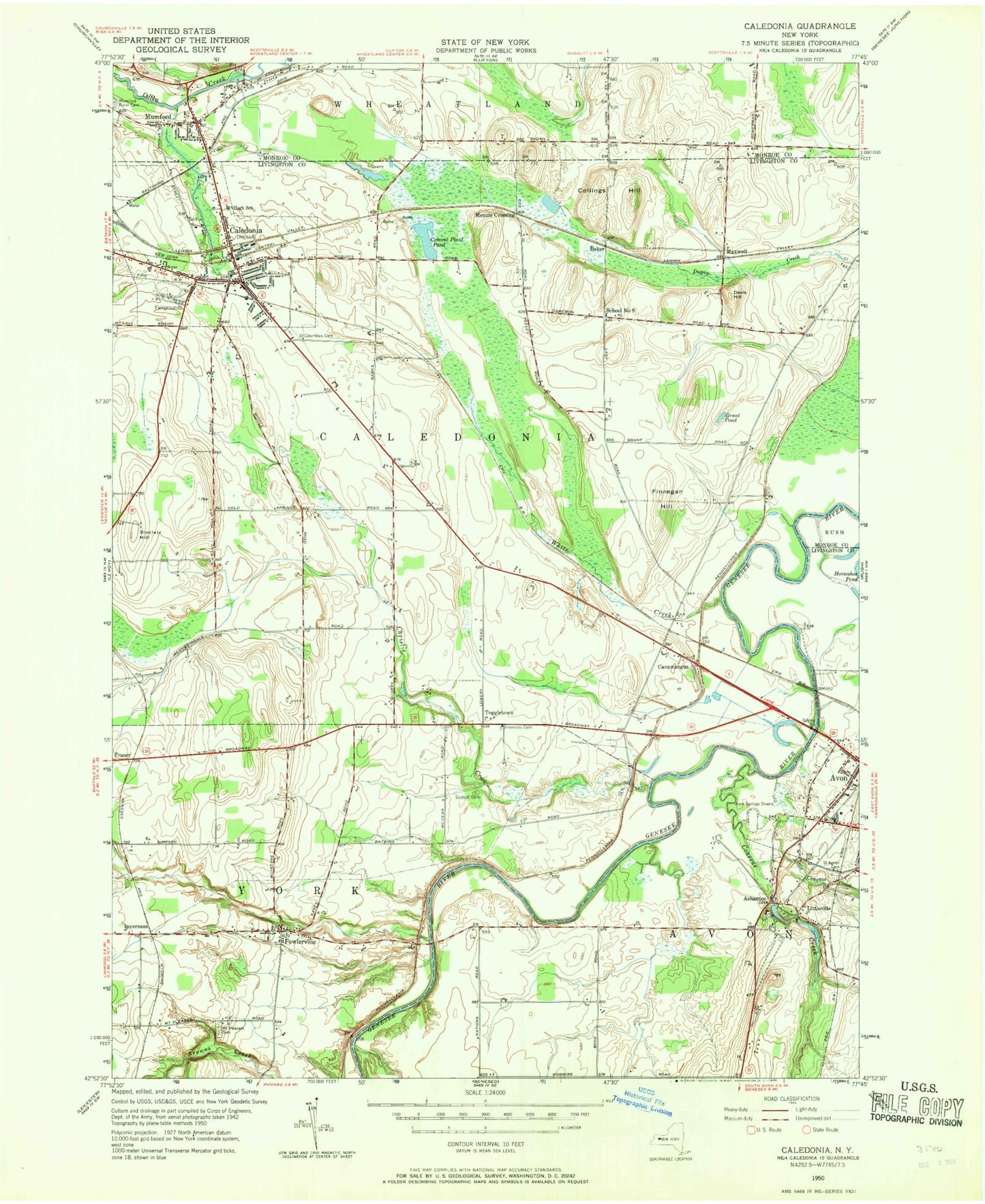 Classic USGS Caledonia New York 7.5'x7.5' Topo Map Image
