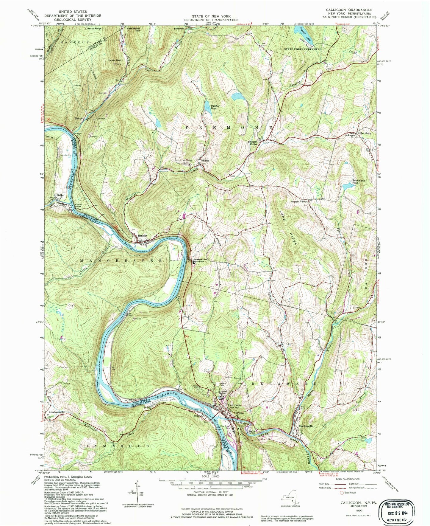 Classic USGS Callicoon New York 7.5'x7.5' Topo Map Image