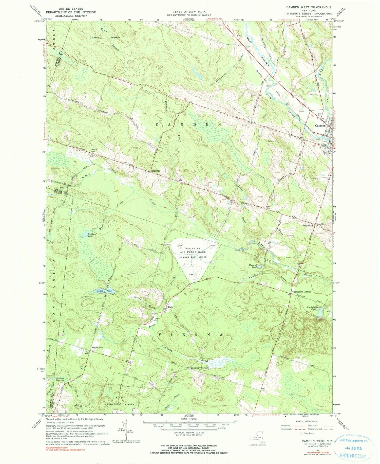 Classic USGS Camden West New York 7.5'x7.5' Topo Map Image