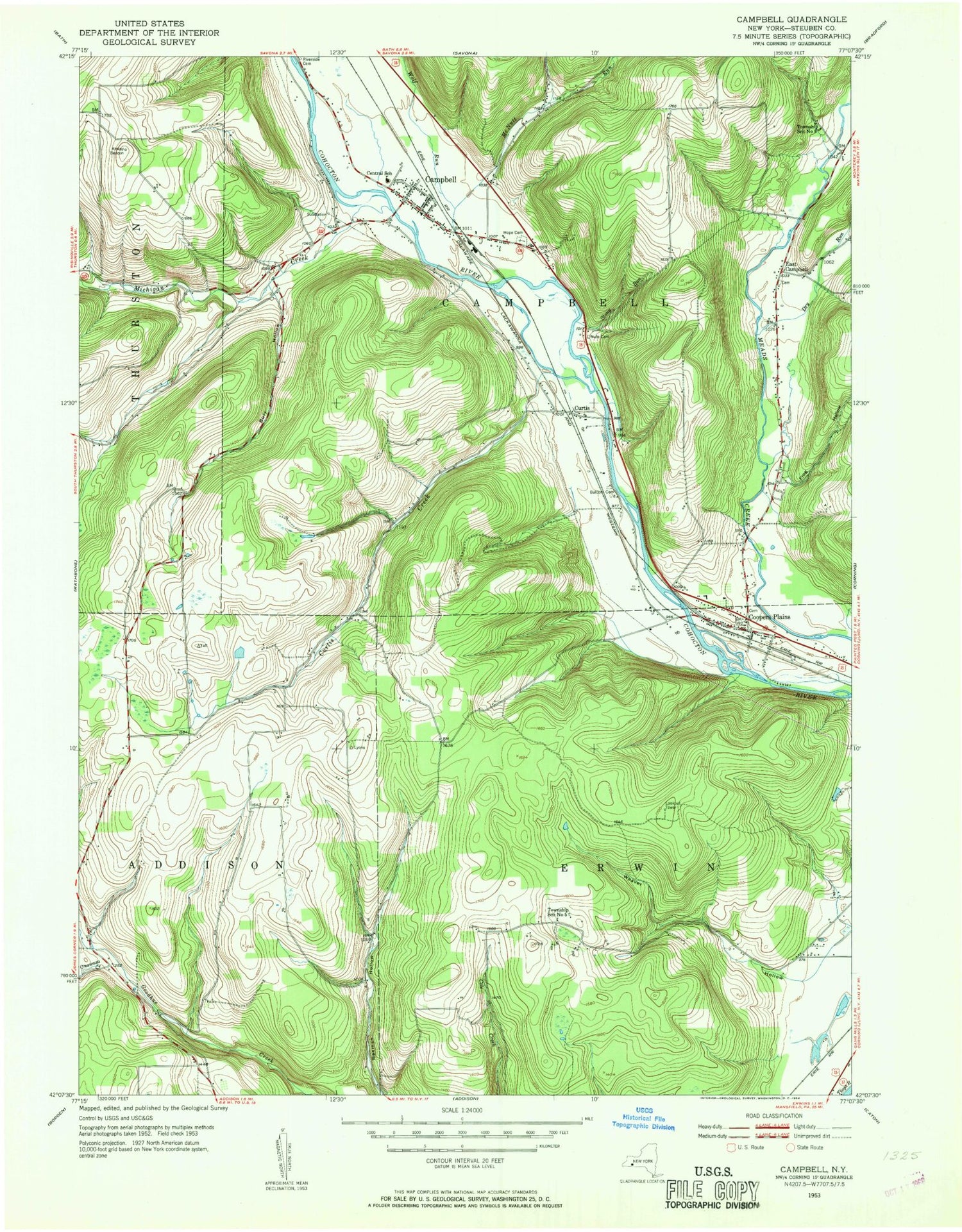 Classic USGS Campbell New York 7.5'x7.5' Topo Map Image