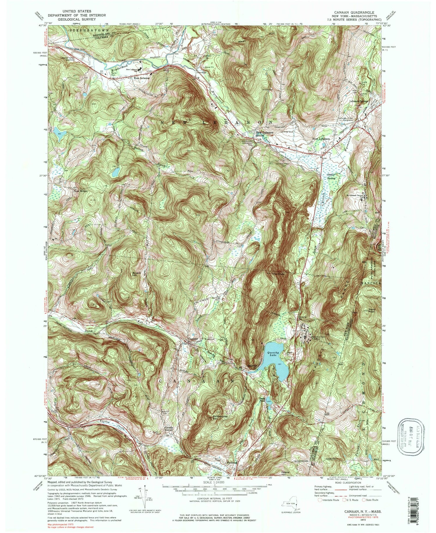 Classic USGS Canaan New York 7.5'x7.5' Topo Map Image