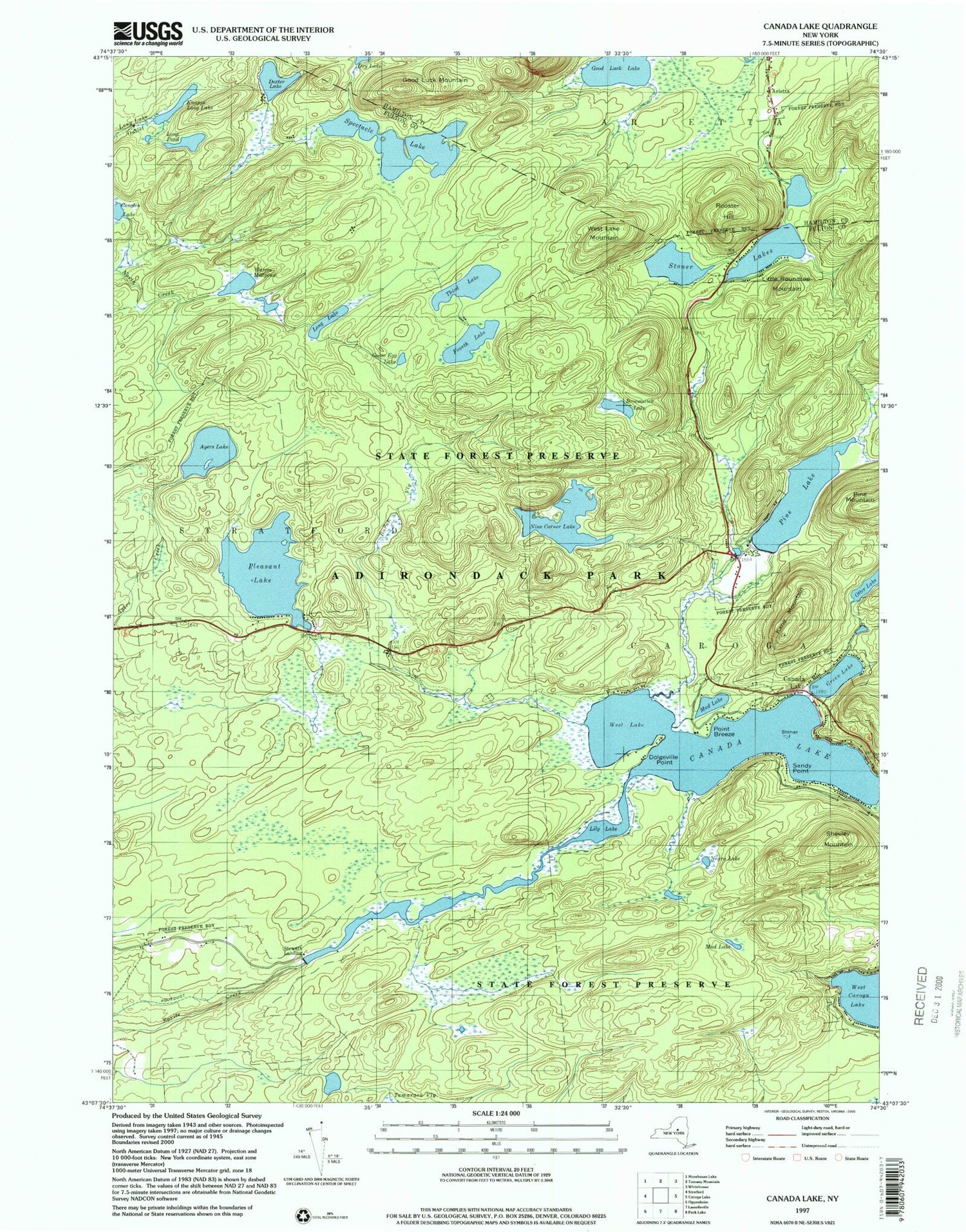 Classic USGS Canada Lake New York 7.5'x7.5' Topo Map Image