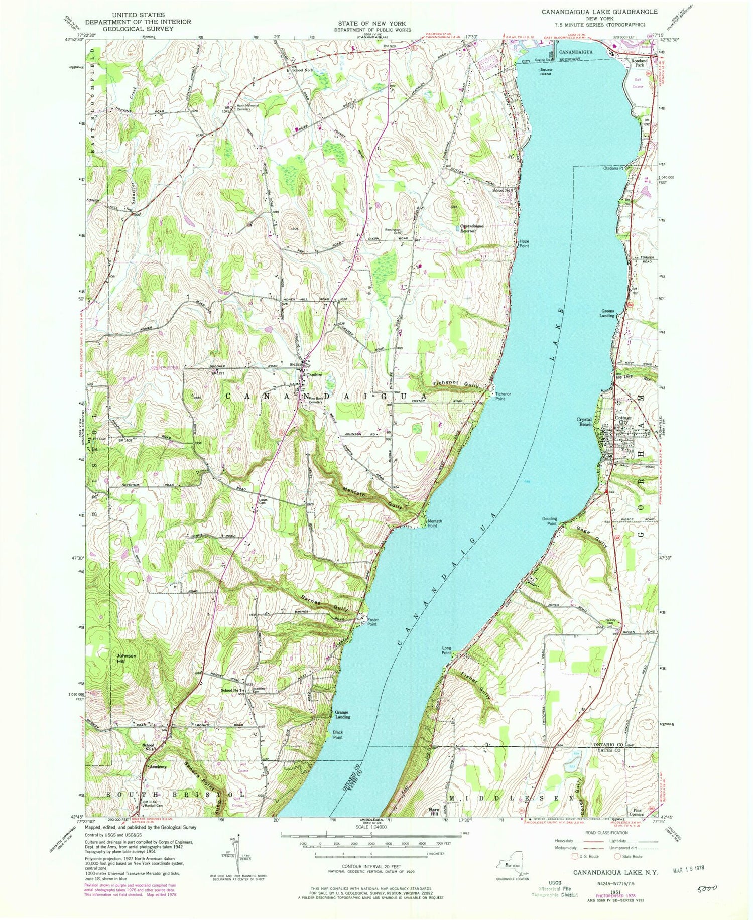 Classic USGS Canandaigua Lake New York 7.5'x7.5' Topo Map Image