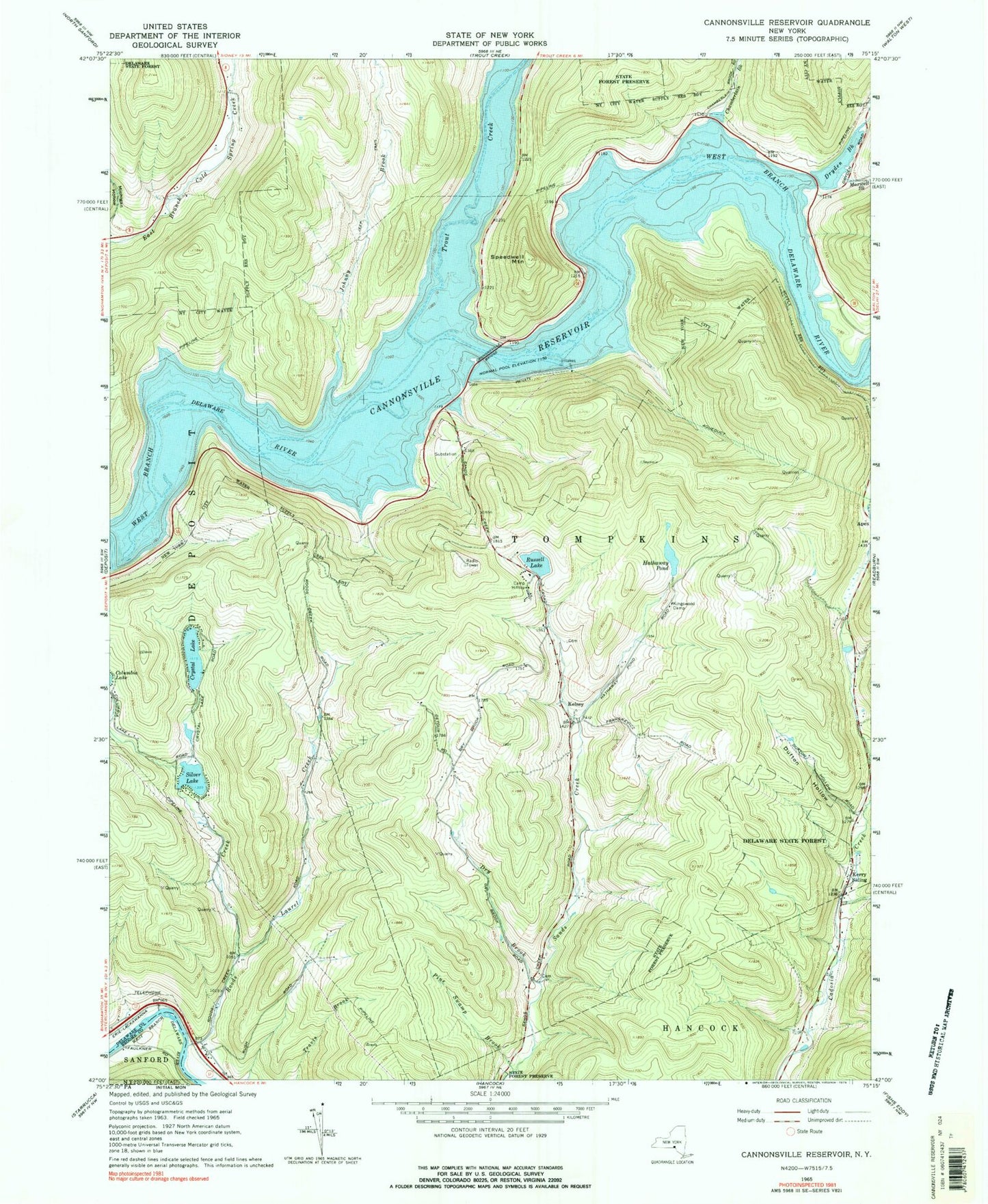 Classic USGS Cannonsville Reservoir New York 7.5'x7.5' Topo Map Image