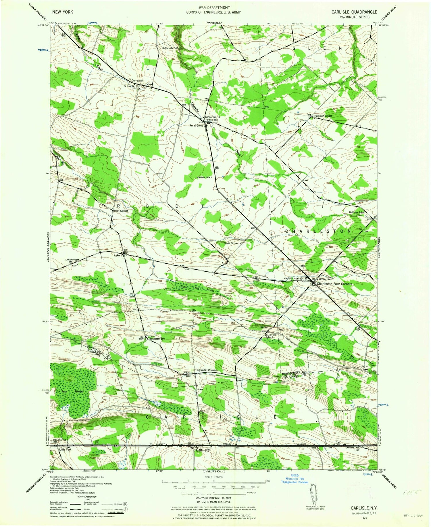 Classic USGS Carlisle New York 7.5'x7.5' Topo Map Image