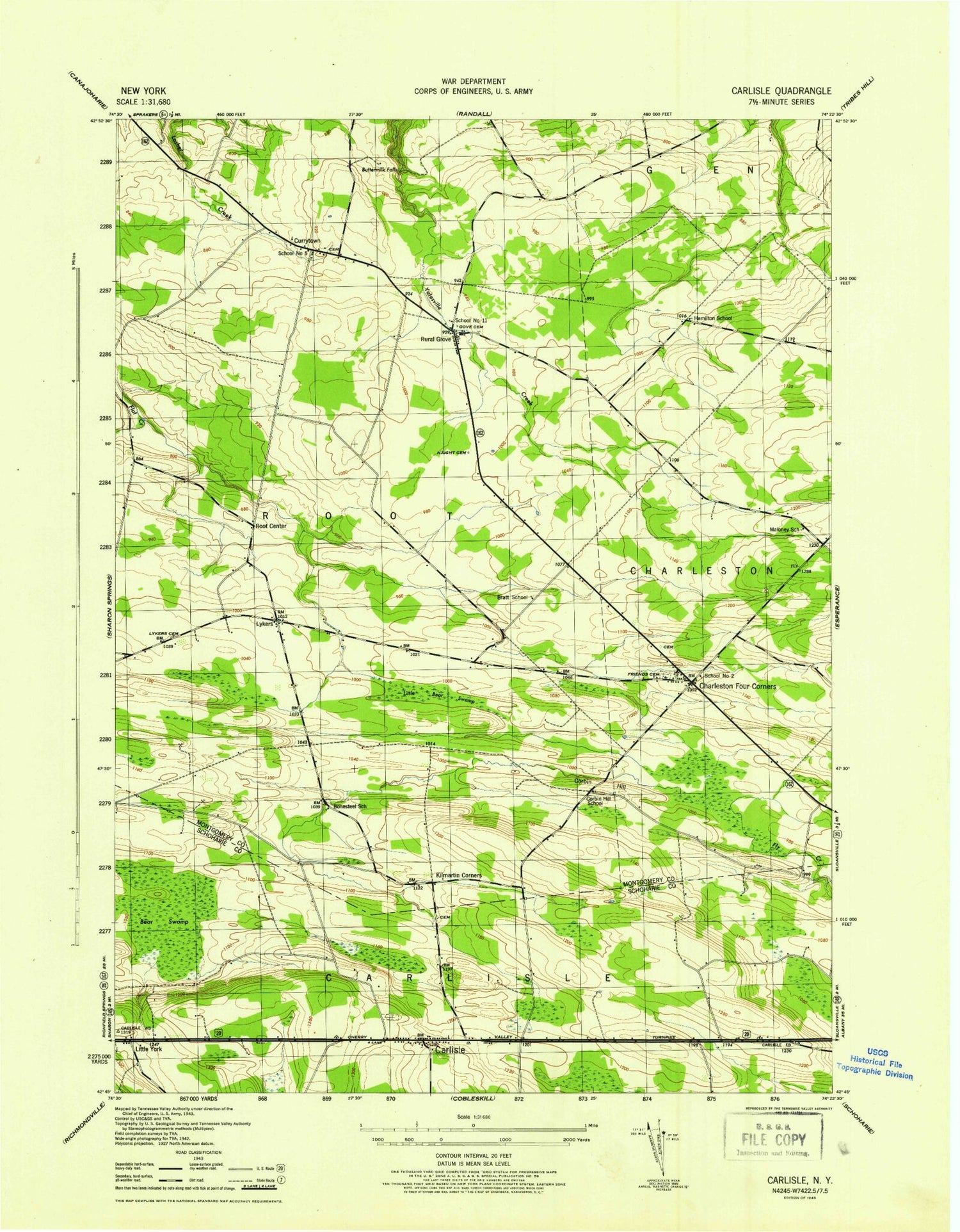 Classic USGS Carlisle New York 7.5'x7.5' Topo Map Image