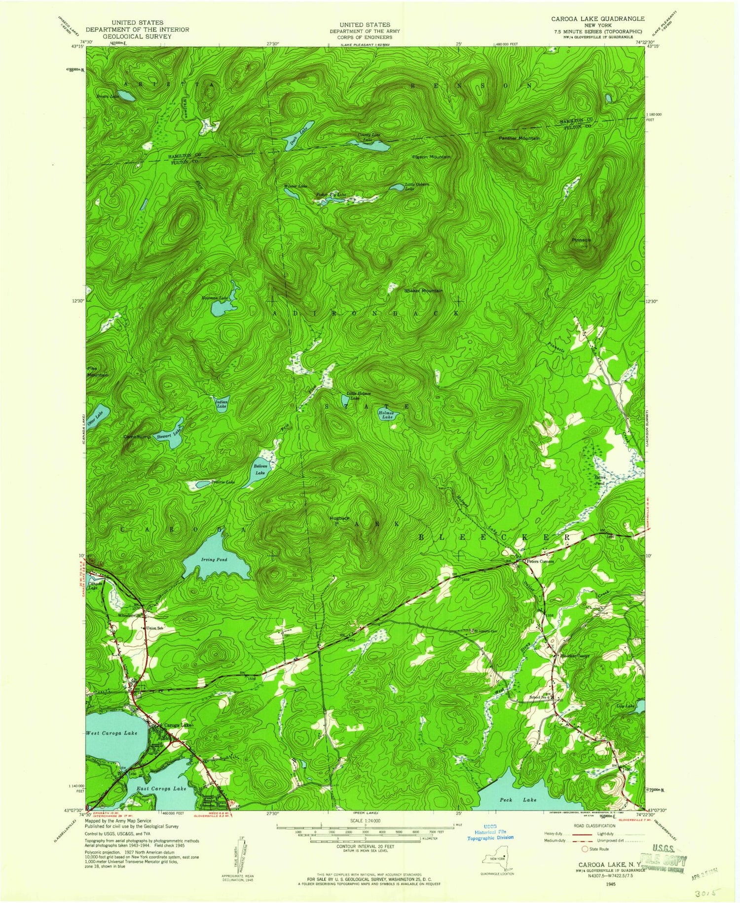 Classic USGS Caroga Lake New York 7.5'x7.5' Topo Map Image