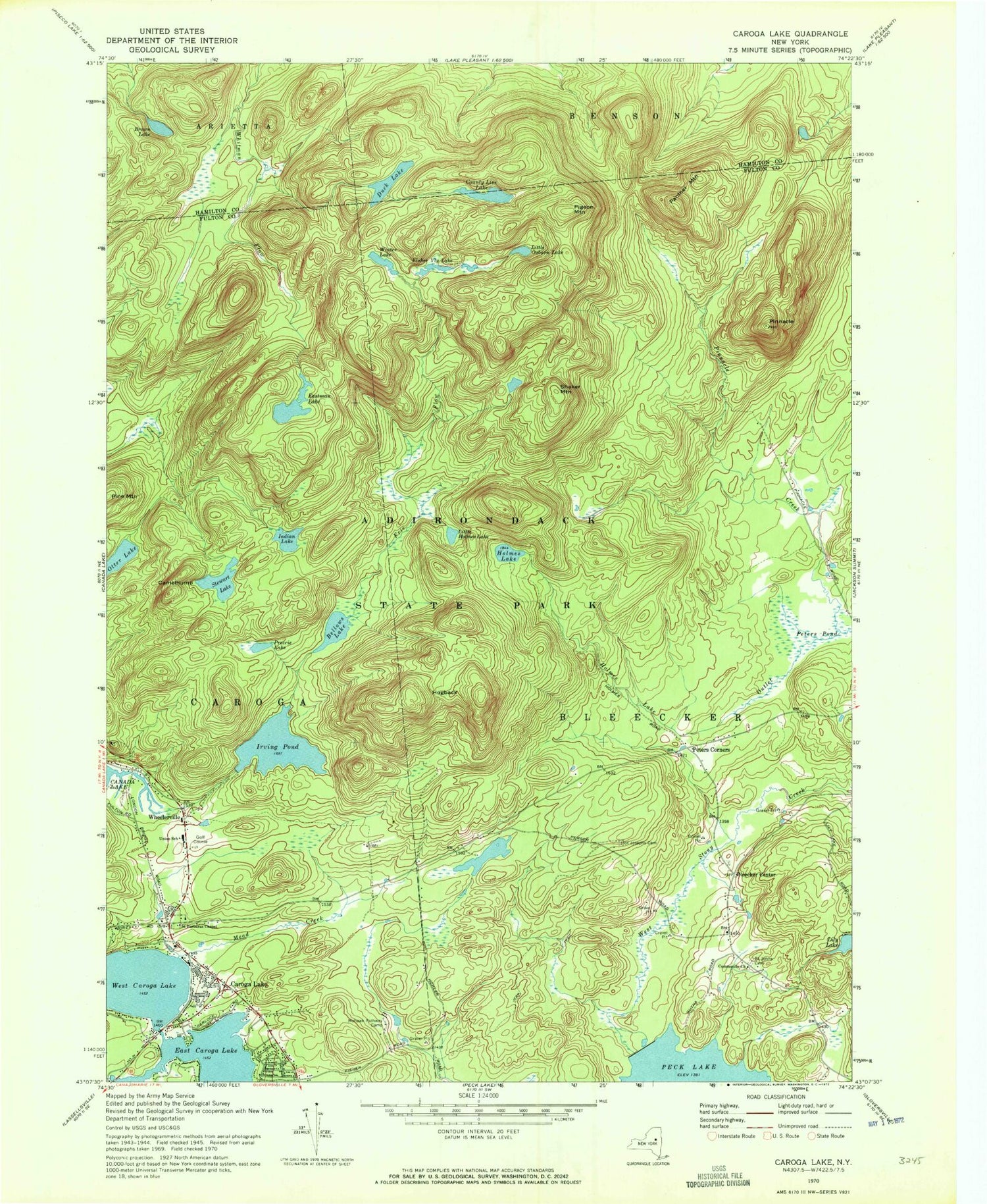 Classic USGS Caroga Lake New York 7.5'x7.5' Topo Map Image