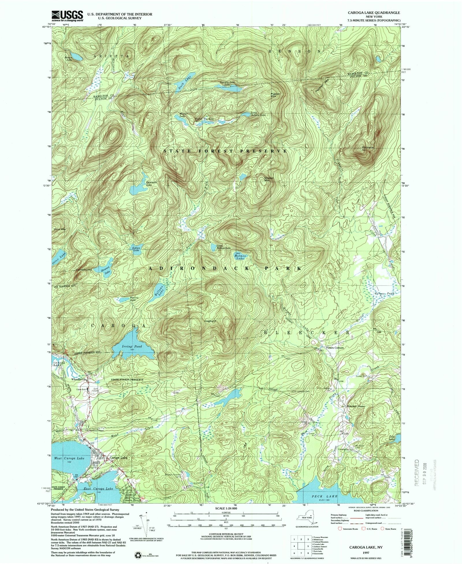 Classic USGS Caroga Lake New York 7.5'x7.5' Topo Map MyTopo Map Store