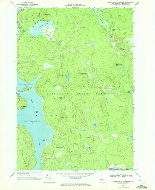 Classic USGS Carry Falls Reservoir New York 7.5'x7.5' Topo Map Image