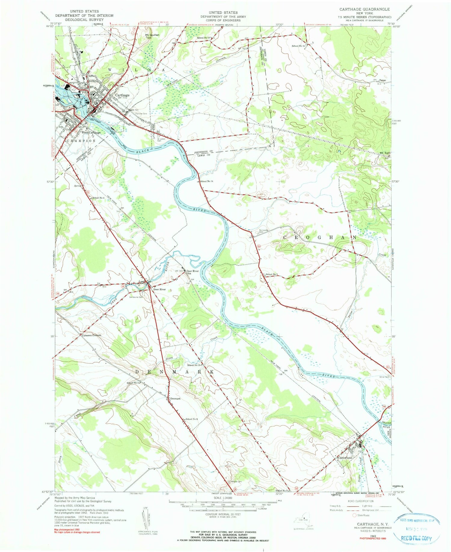 Classic USGS Carthage New York 7.5'x7.5' Topo Map Image