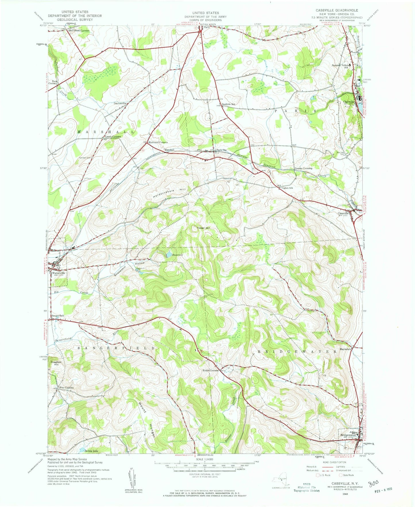 Classic USGS Cassville New York 7.5'x7.5' Topo Map Image