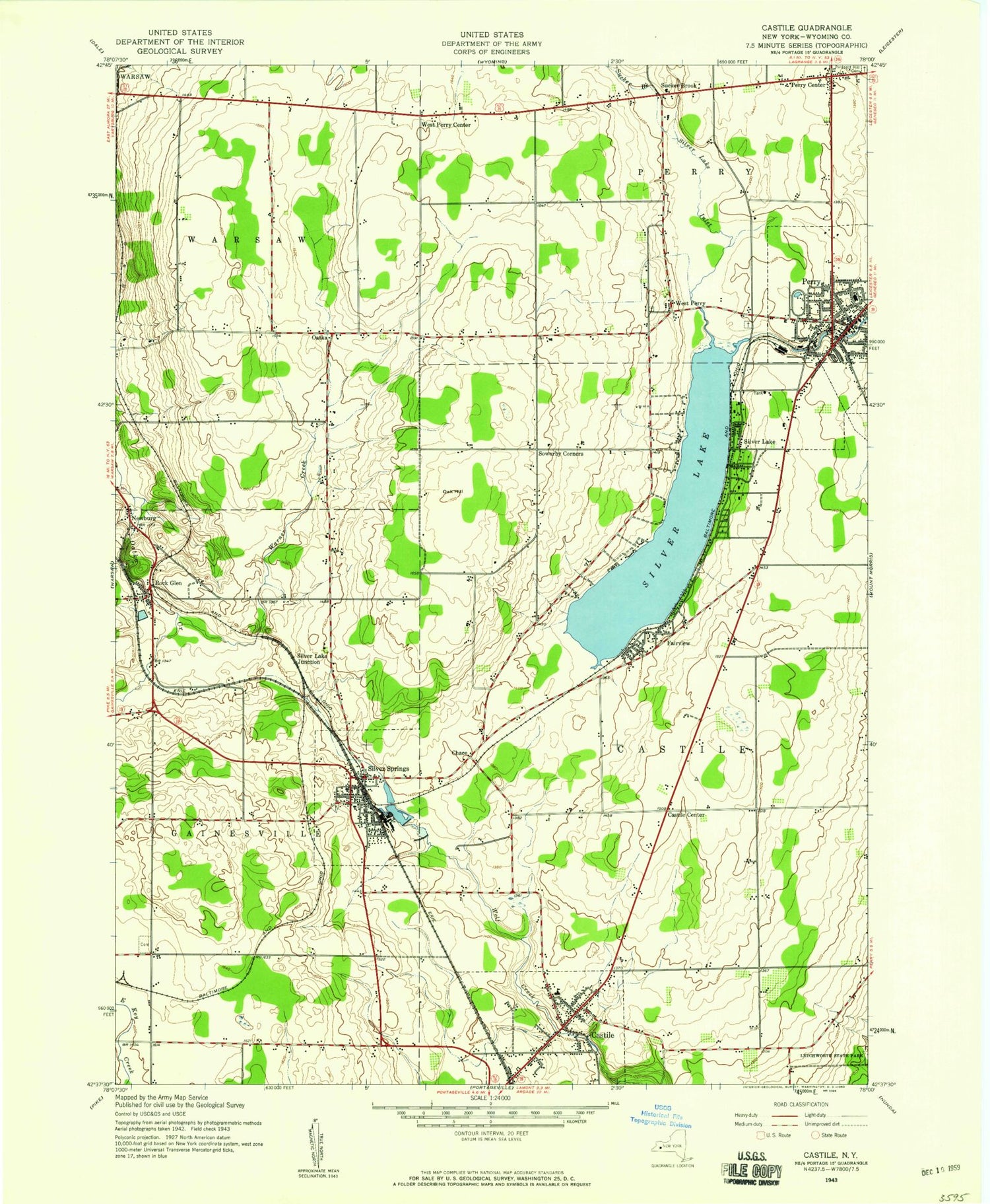 Classic USGS Castile New York 7.5'x7.5' Topo Map Image