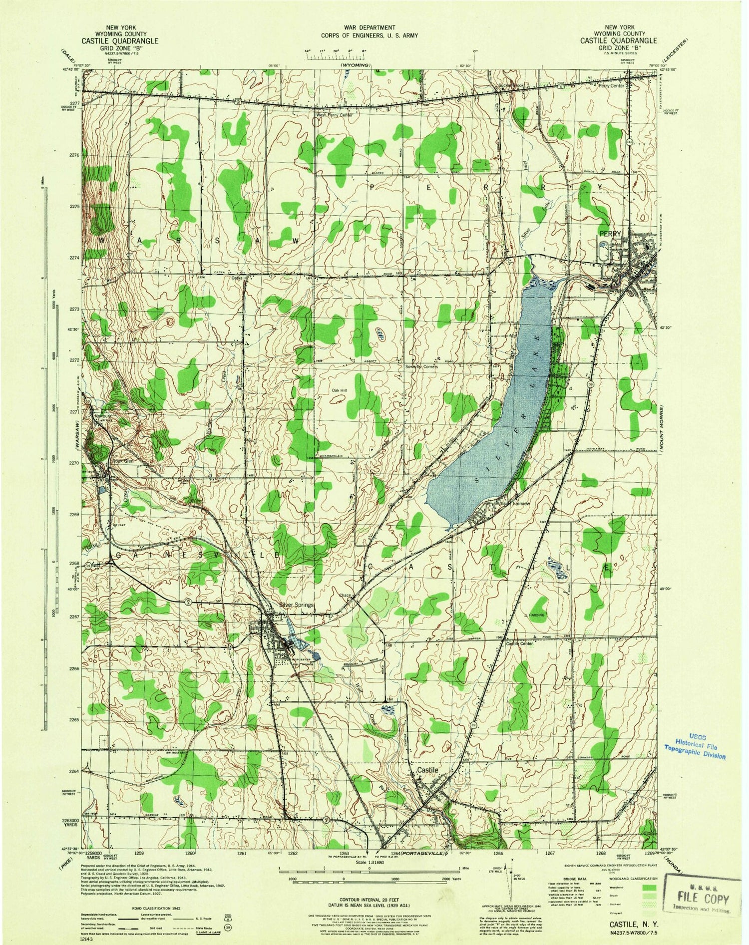 Classic USGS Castile New York 7.5'x7.5' Topo Map Image