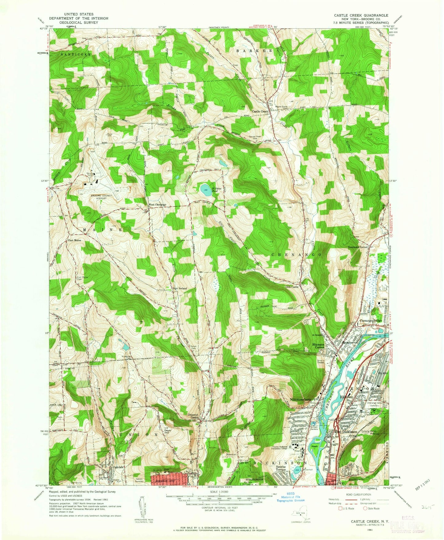 Classic USGS Castle Creek New York 7.5'x7.5' Topo Map Image