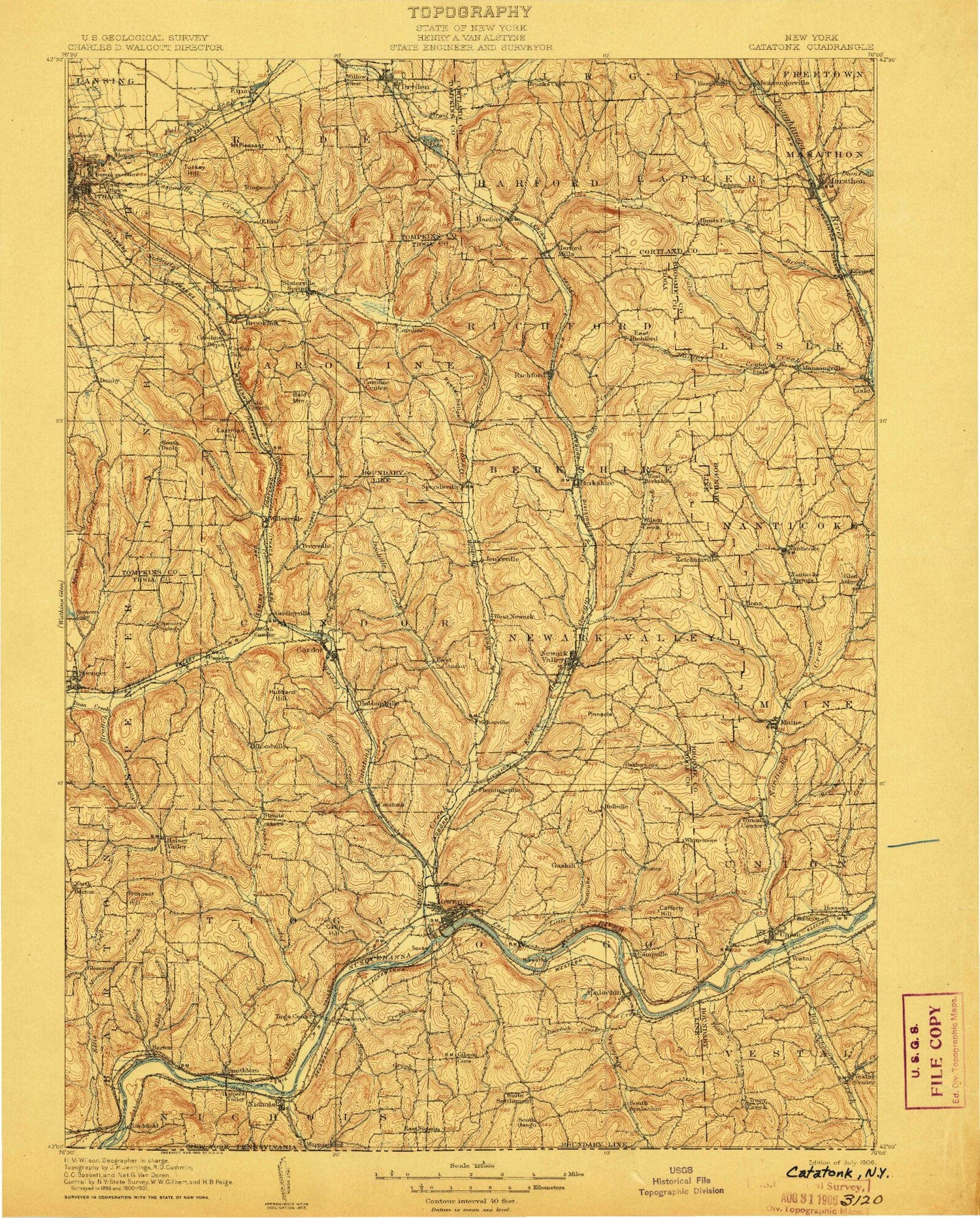 Historic 1906 Endicott New York 30'x30' Topo Map Image