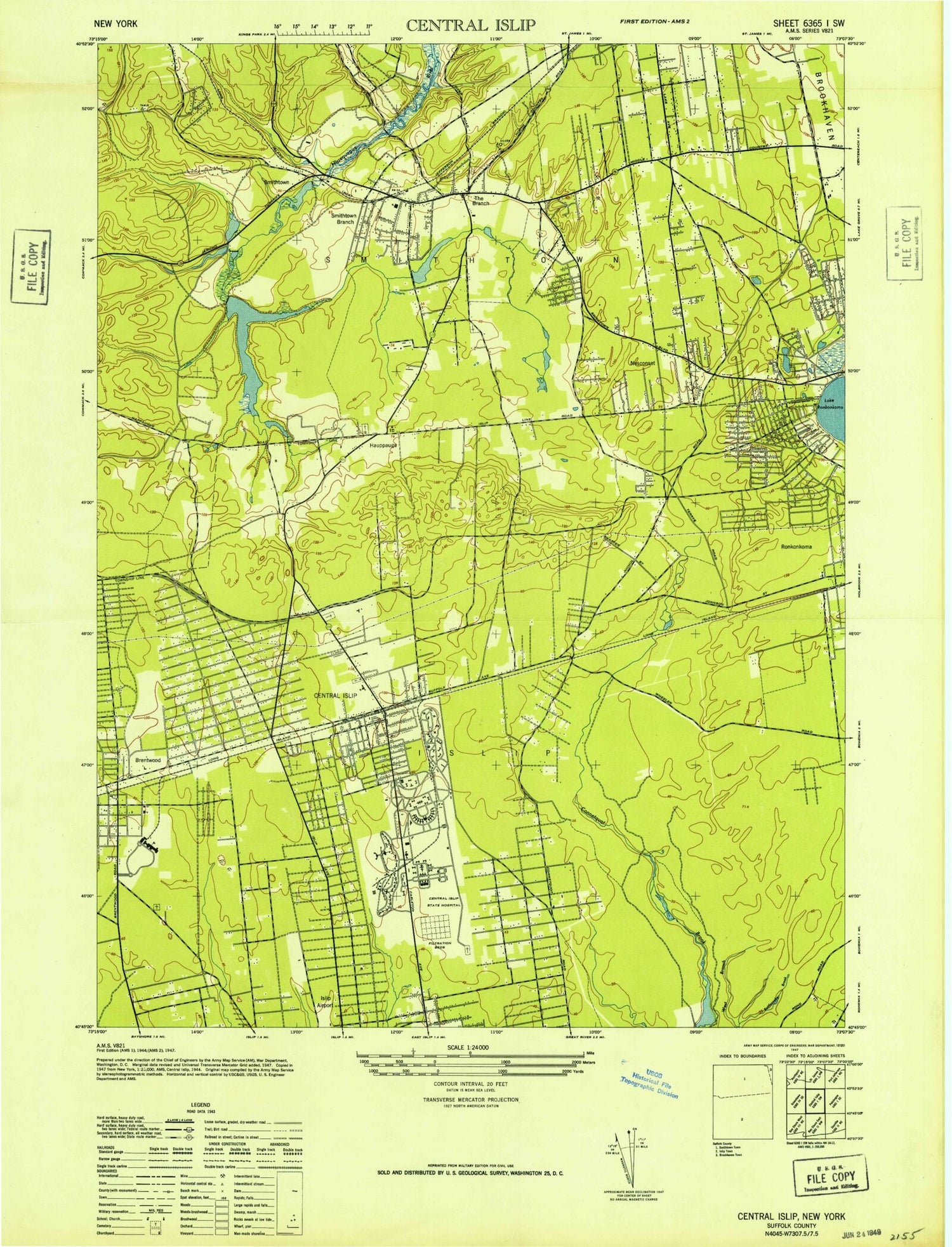 Classic USGS Central Islip New York 7.5'x7.5' Topo Map Image
