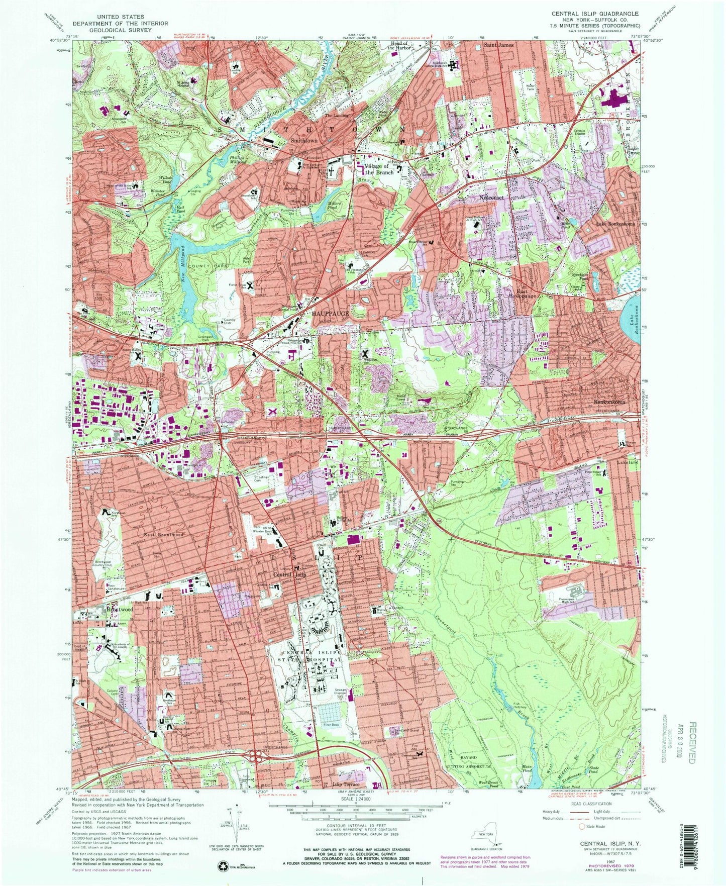 Classic USGS Central Islip New York 7.5'x7.5' Topo Map Image