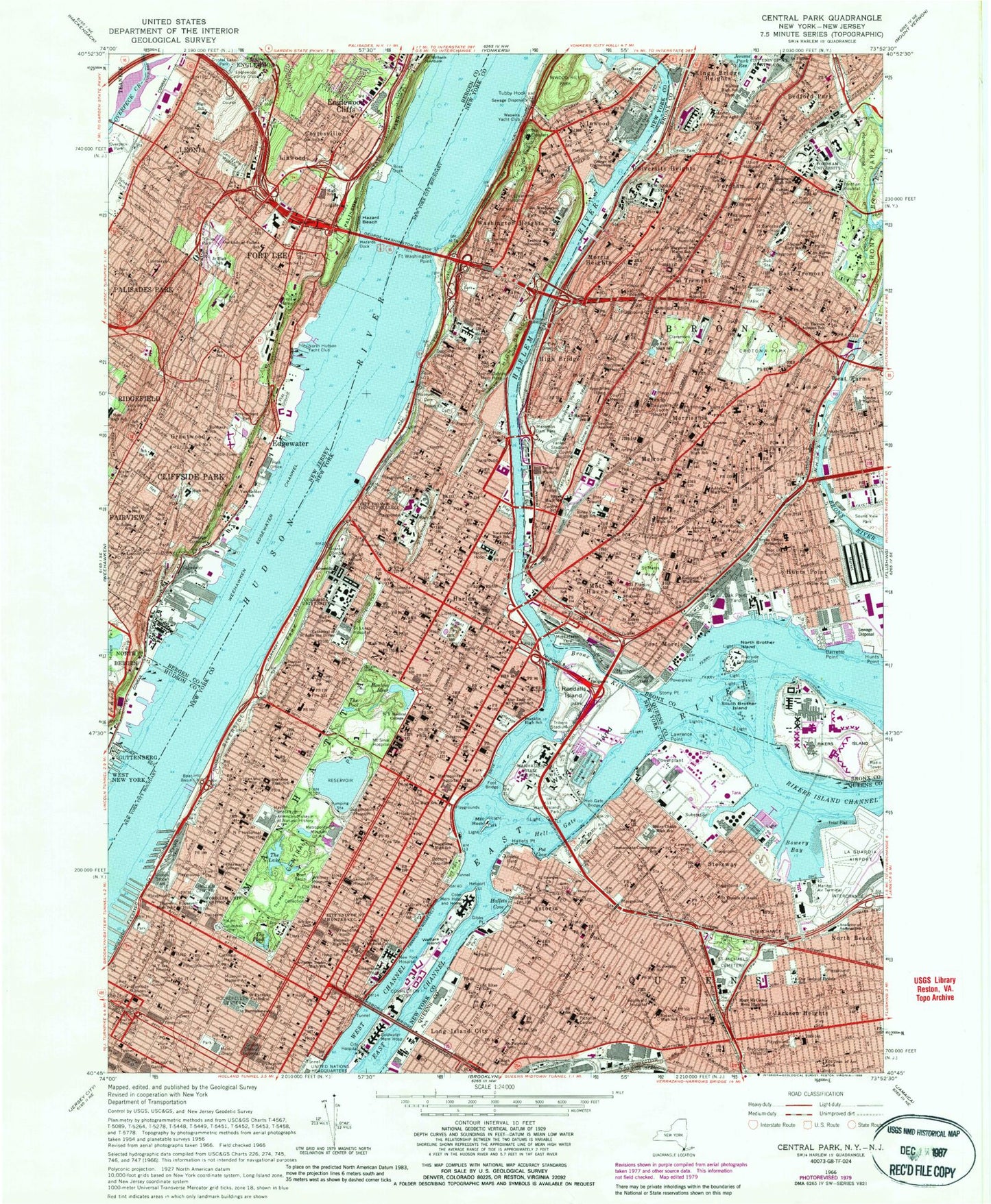USGS Classic Central Park New York 7.5'x7.5' Topo Map Image