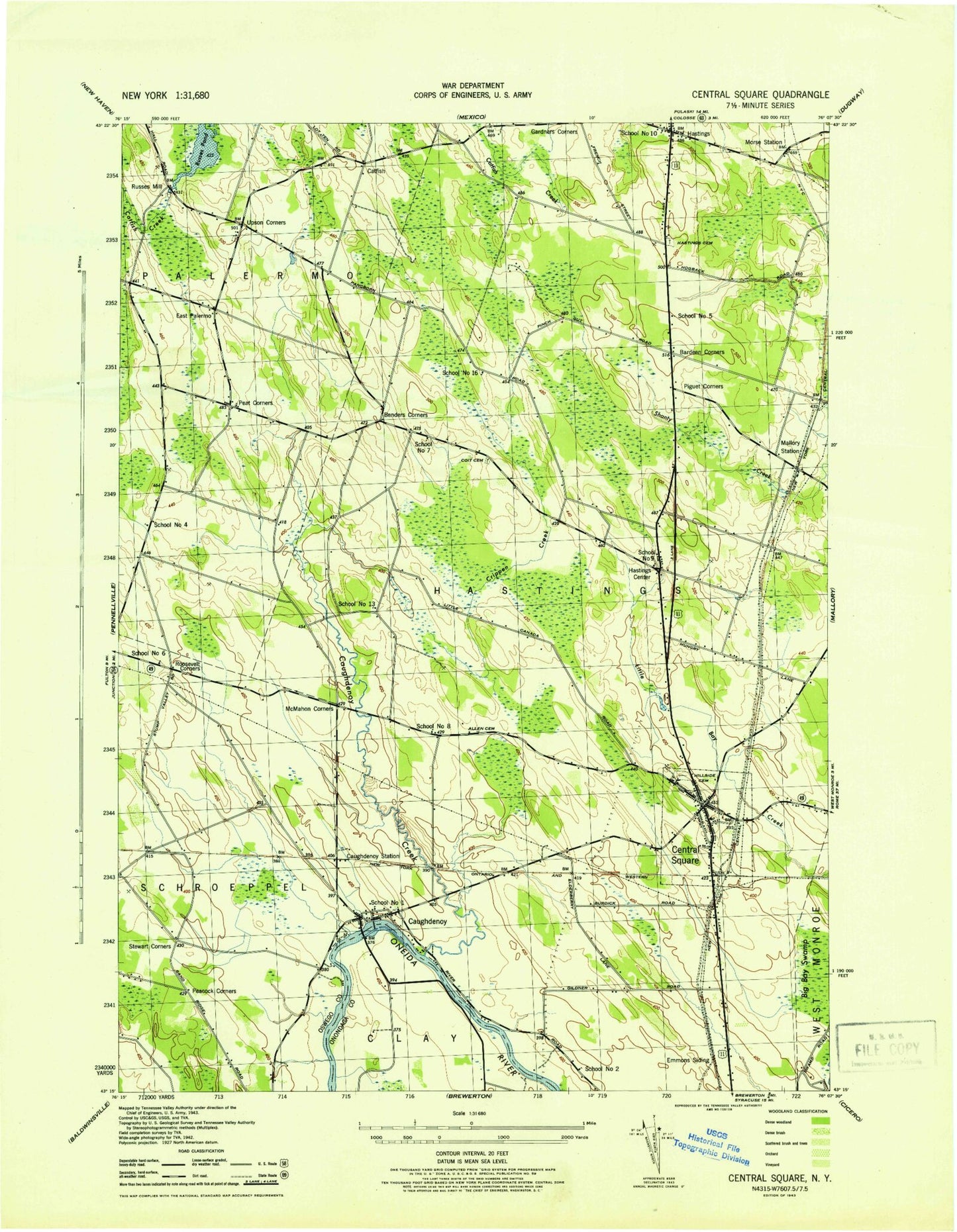 Classic USGS Central Square New York 7.5'x7.5' Topo Map Image
