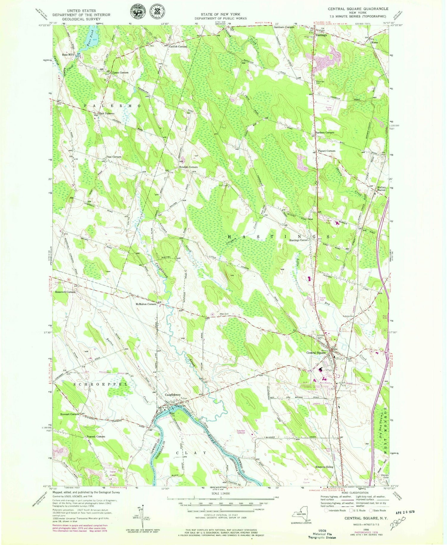 Classic USGS Central Square New York 7.5'x7.5' Topo Map Image