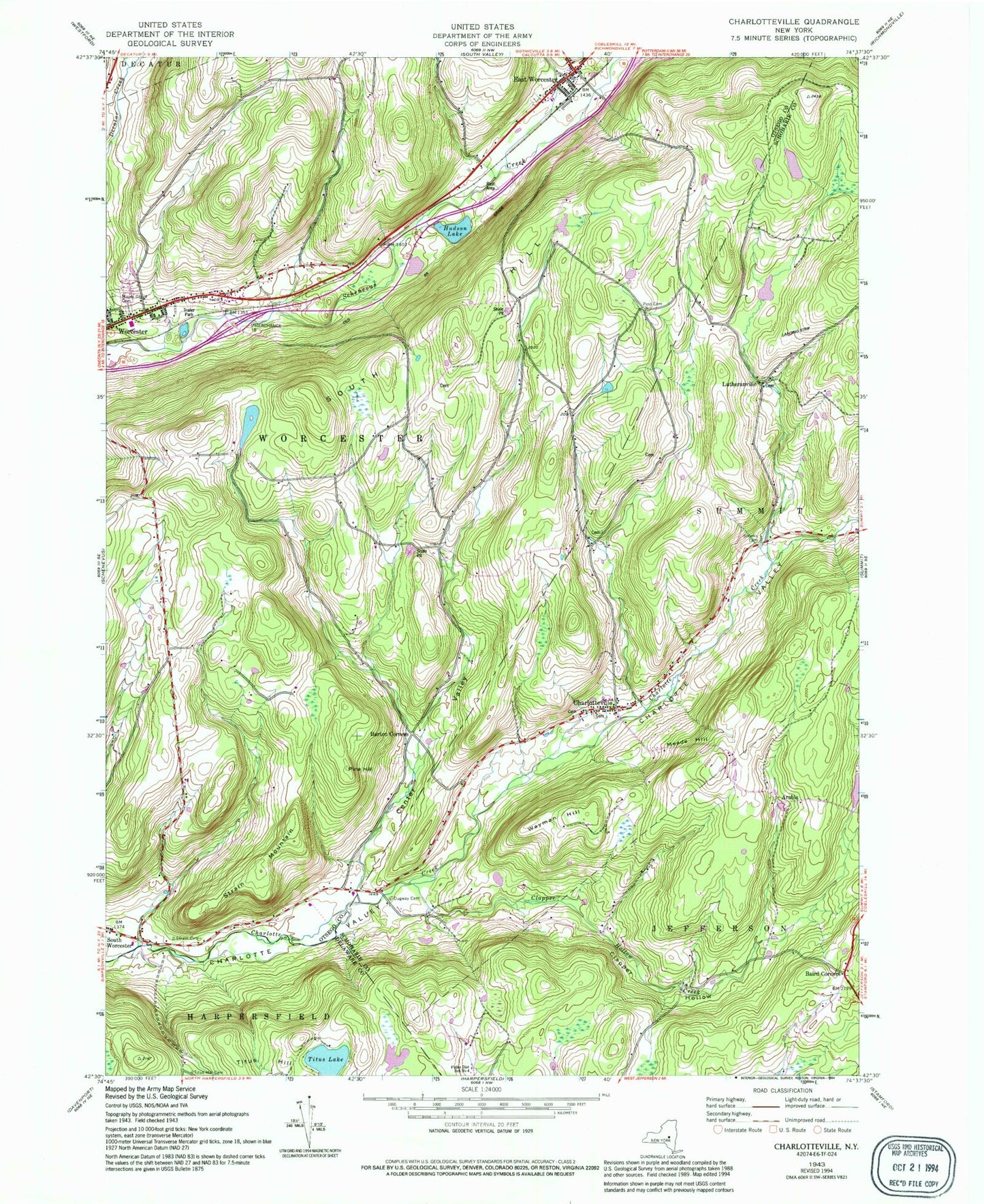 Classic USGS Charlotteville New York 7.5'x7.5' Topo Map Image