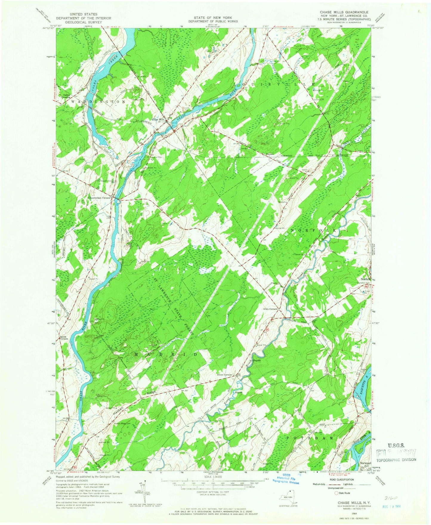 Classic USGS Chase Mills New York 7.5'x7.5' Topo Map Image