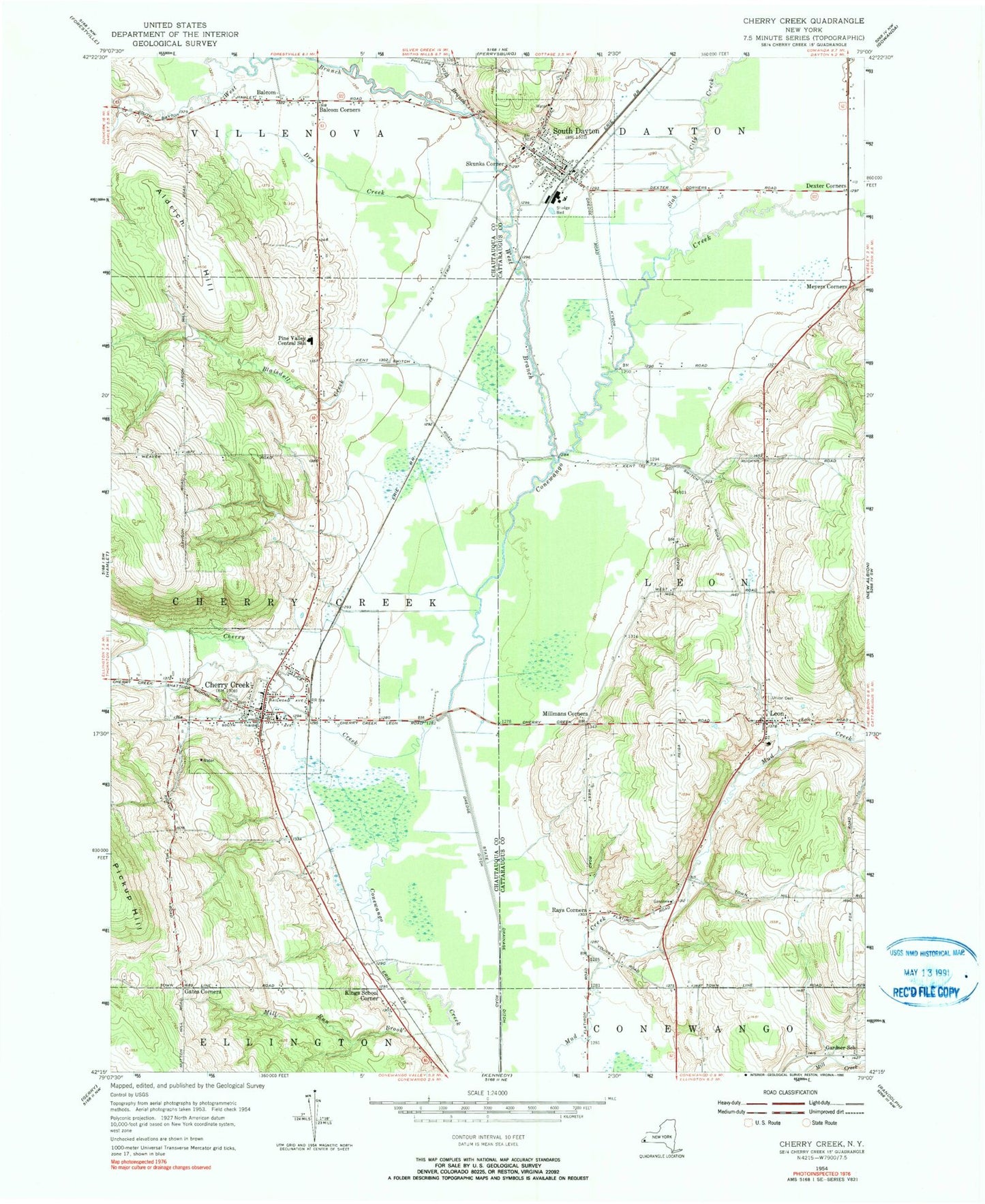 Classic USGS Cherry Creek New York 7.5'x7.5' Topo Map Image