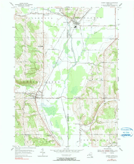Classic USGS Cherry Creek New York 7.5'x7.5' Topo Map Image