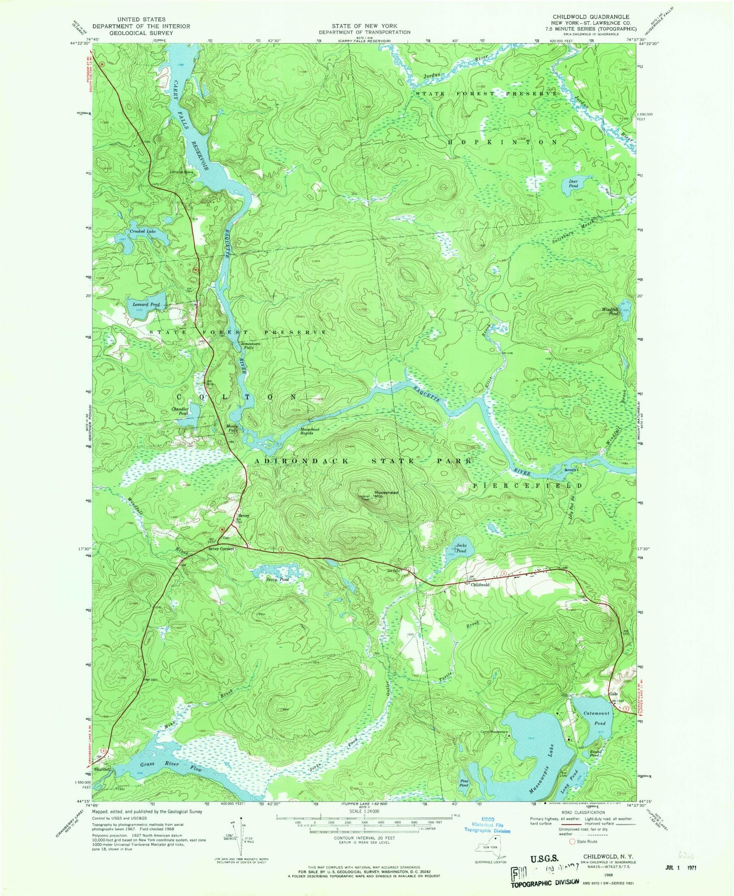 Classic USGS Childwold New York 7.5'x7.5' Topo Map Image