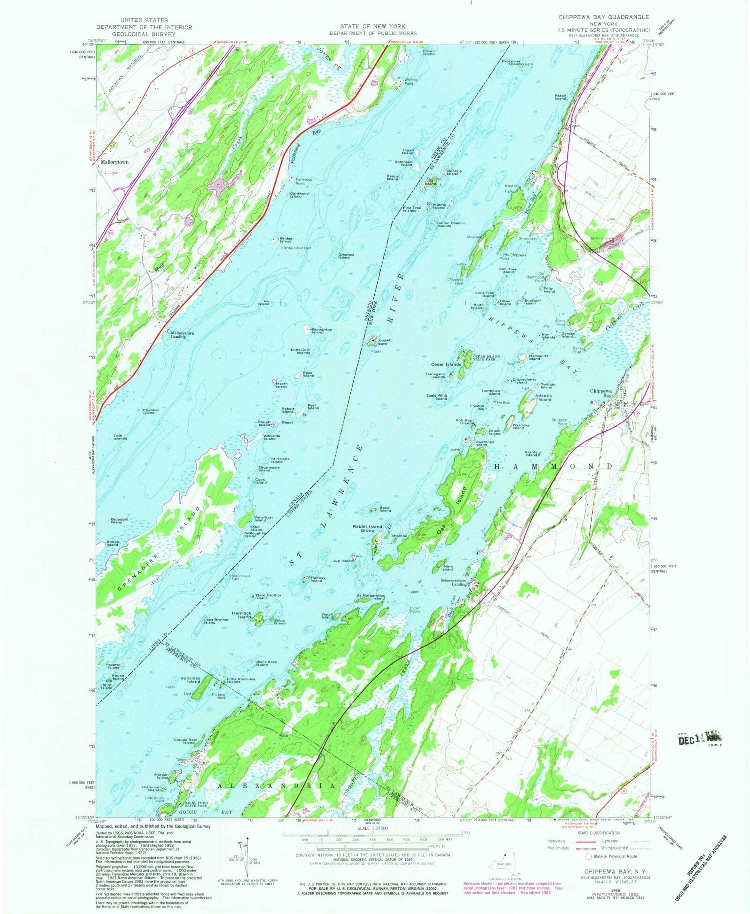 Classic USGS Chippewa Bay New York 7.5'x7.5' Topo Map Image