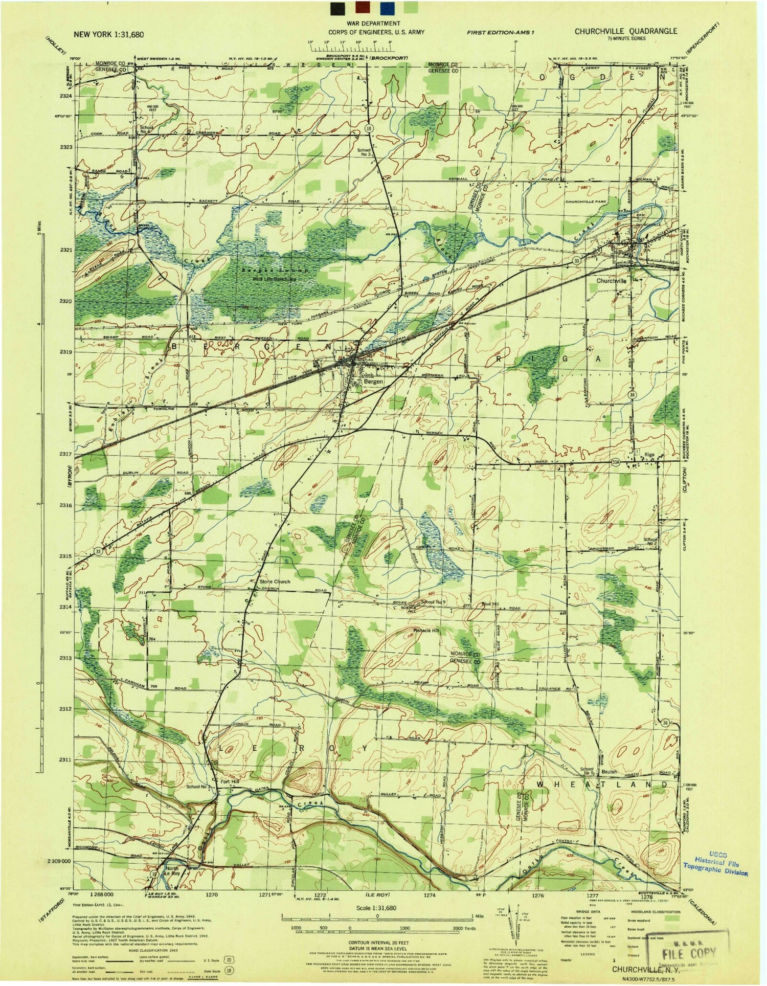 Classic USGS Churchville New York 7.5'x7.5' Topo Map Image
