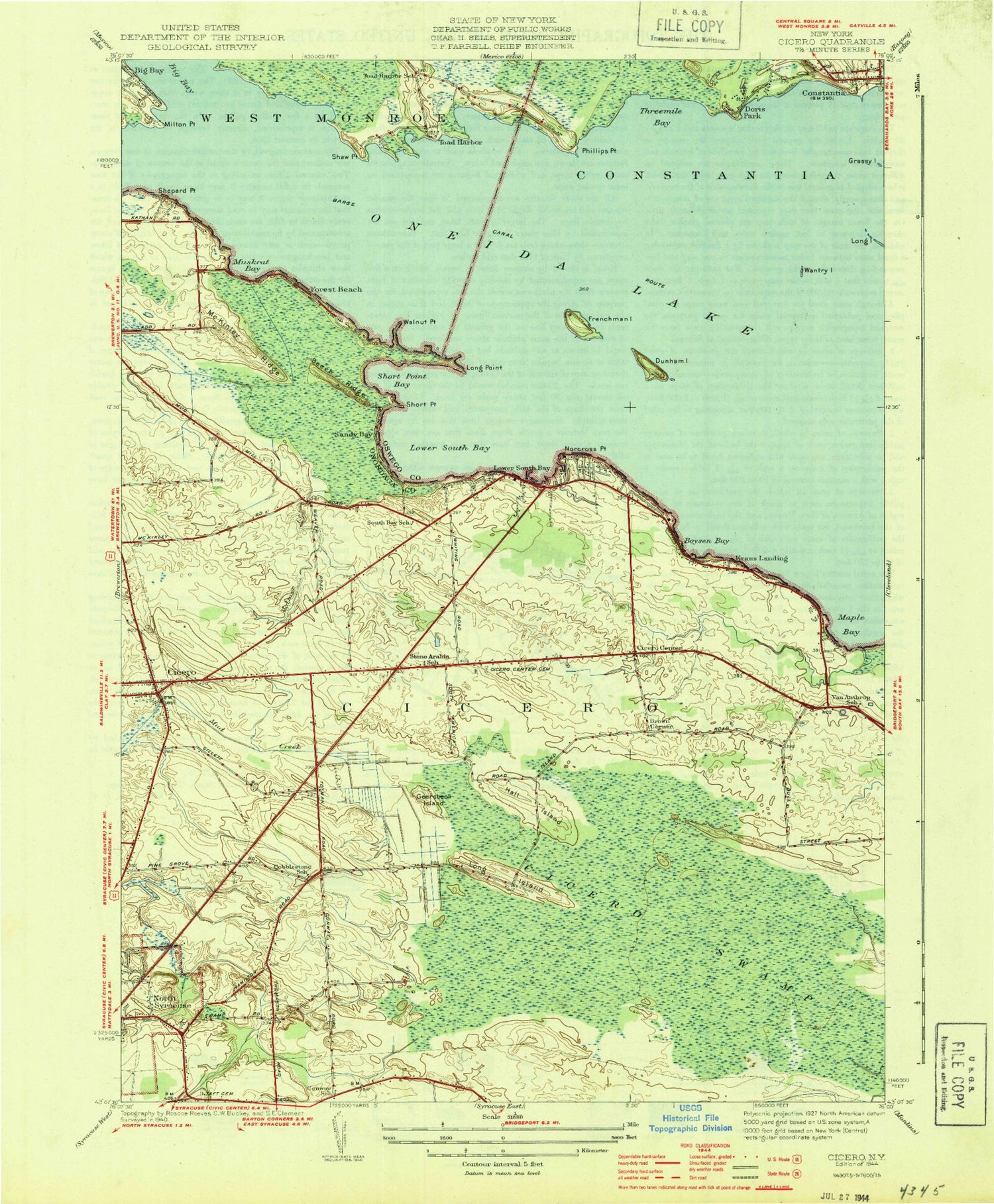 Classic USGS Cicero New York 7.5'x7.5' Topo Map Image