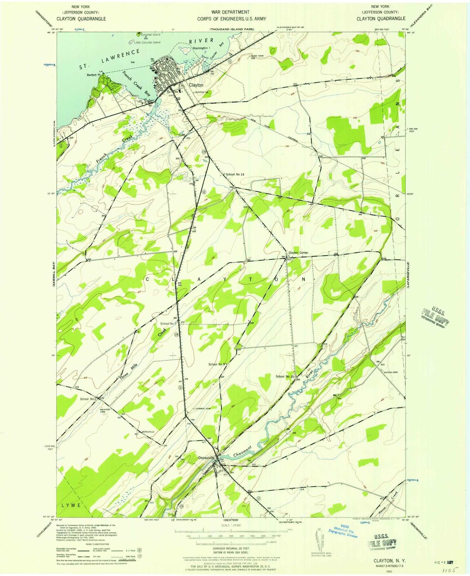 Classic USGS Clayton New York 7.5'x7.5' Topo Map Image