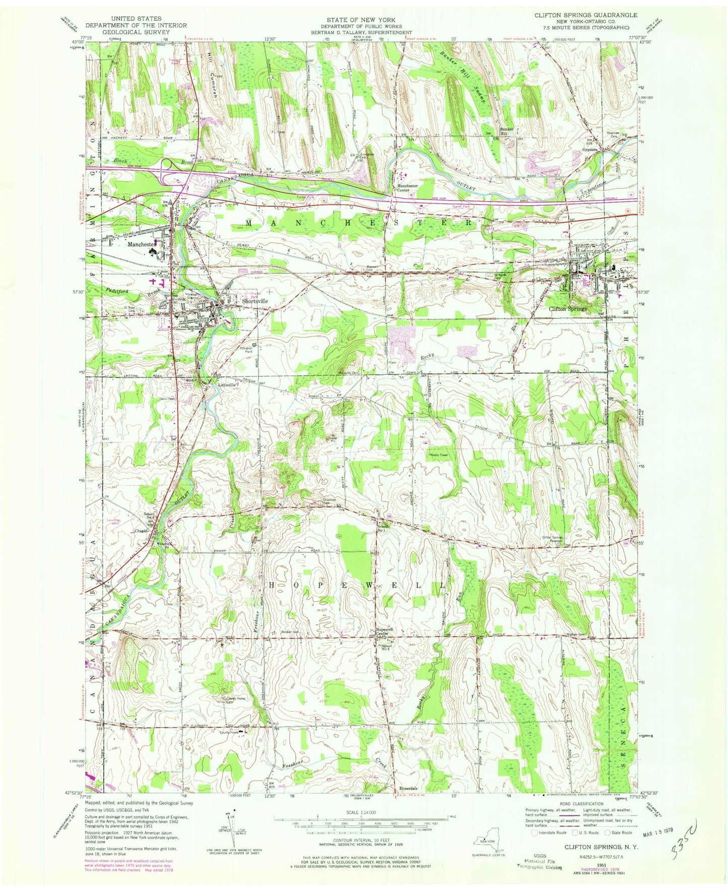 Classic USGS Clifton Springs New York 7.5'x7.5' Topo Map Image