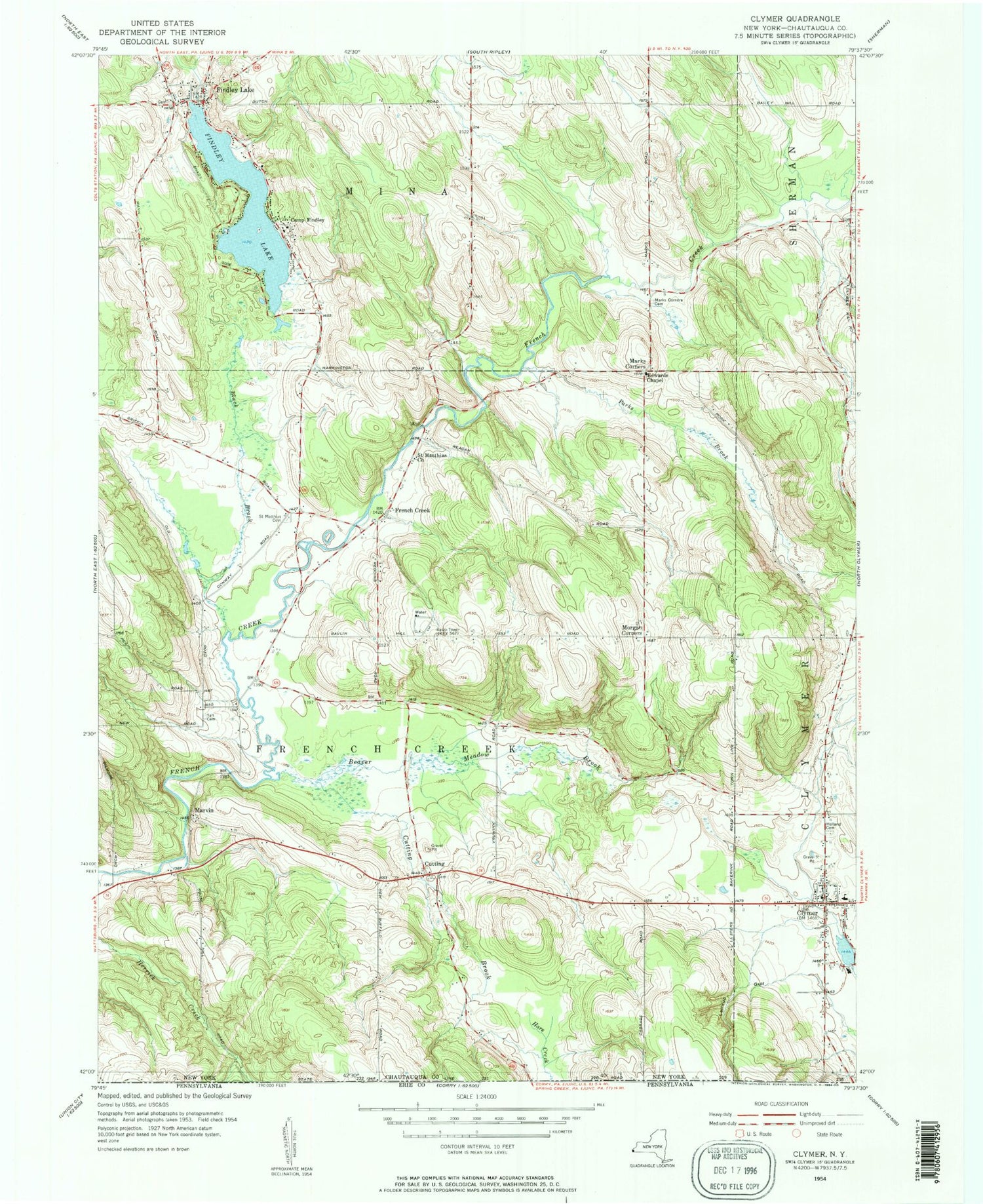 Classic USGS Clymer New York 7.5'x7.5' Topo Map Image