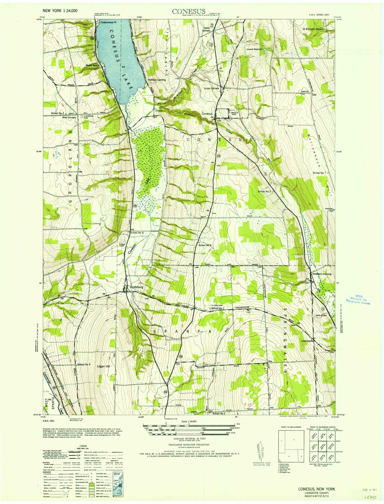 Classic USGS Conesus New York 7.5'x7.5' Topo Map Image