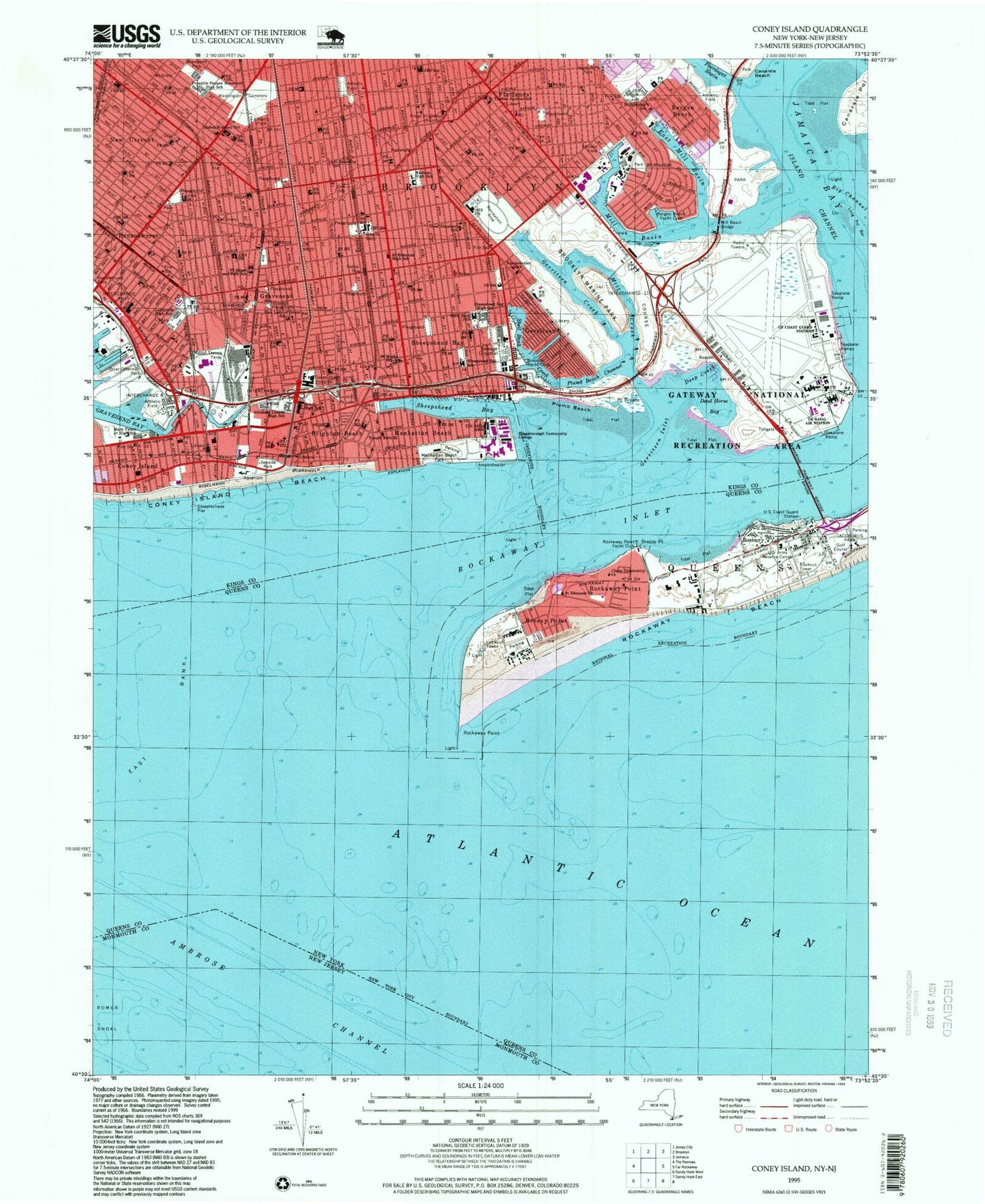 Classic USGS Coney Island New York 7.5'x7.5' Topo Map Image