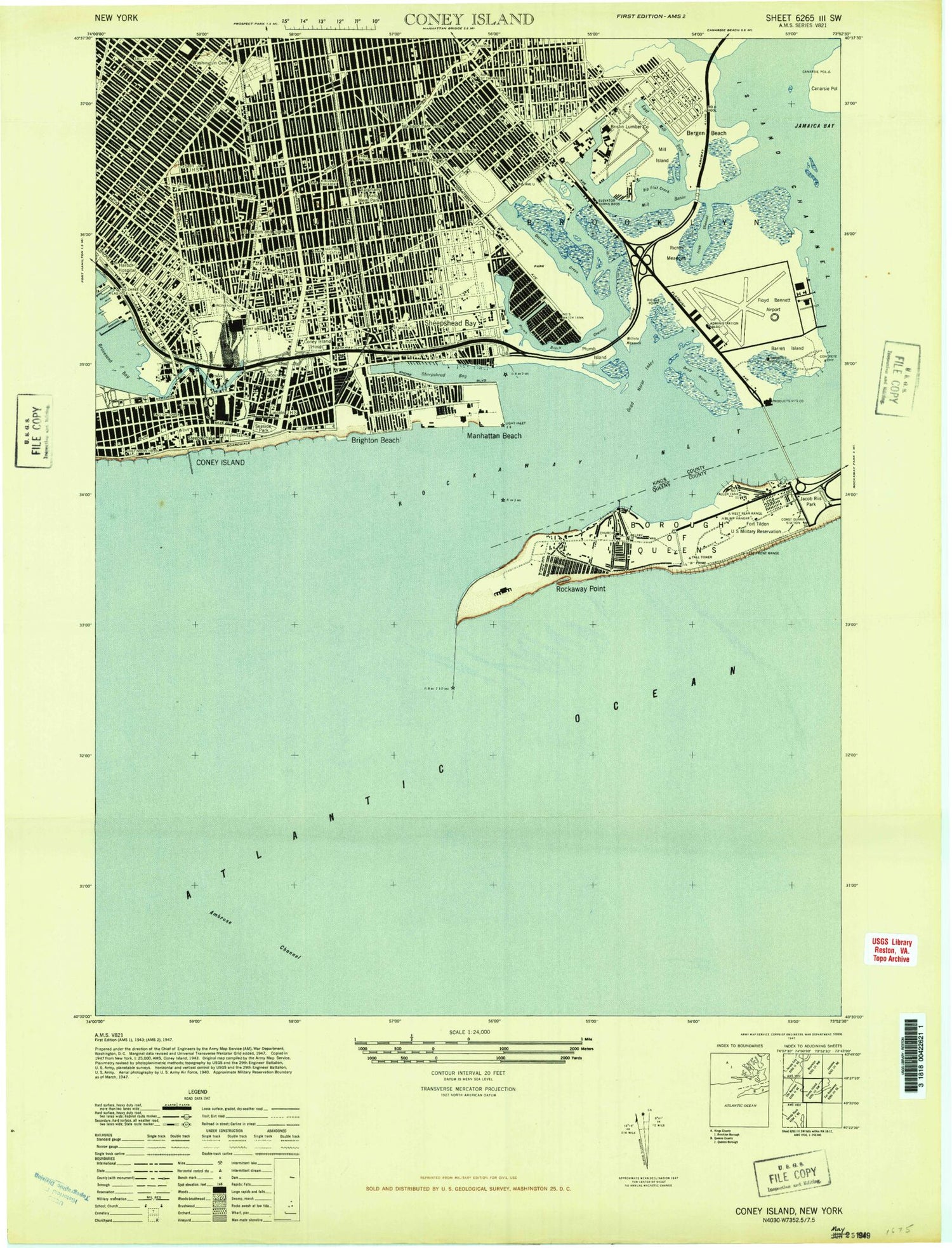 Classic USGS Coney Island New York 7.5'x7.5' Topo Map Image